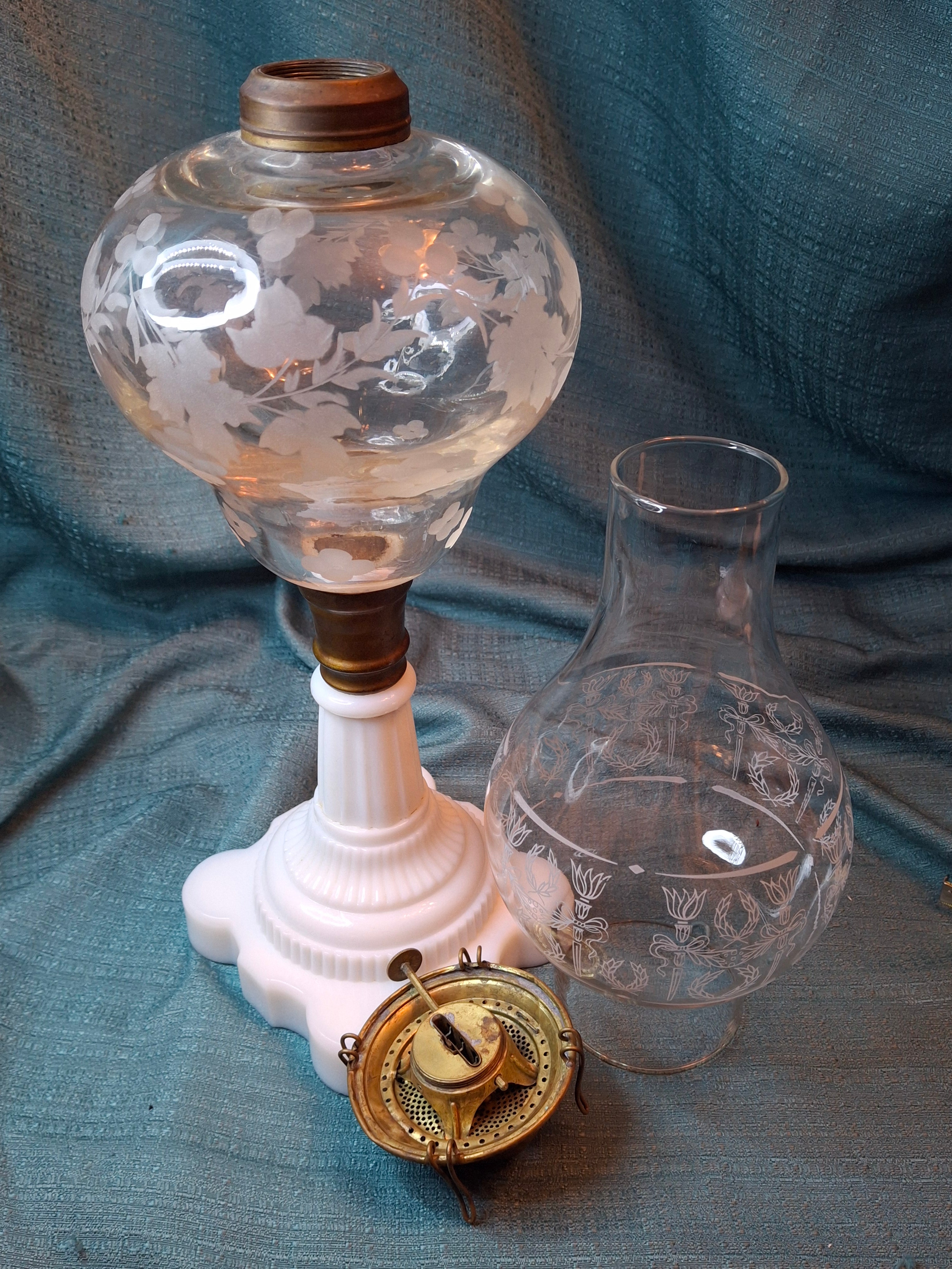 Antique 1877 Victorian Oil Lamp - Etched Floral Font & Wreath Chimney Milk Glass Base