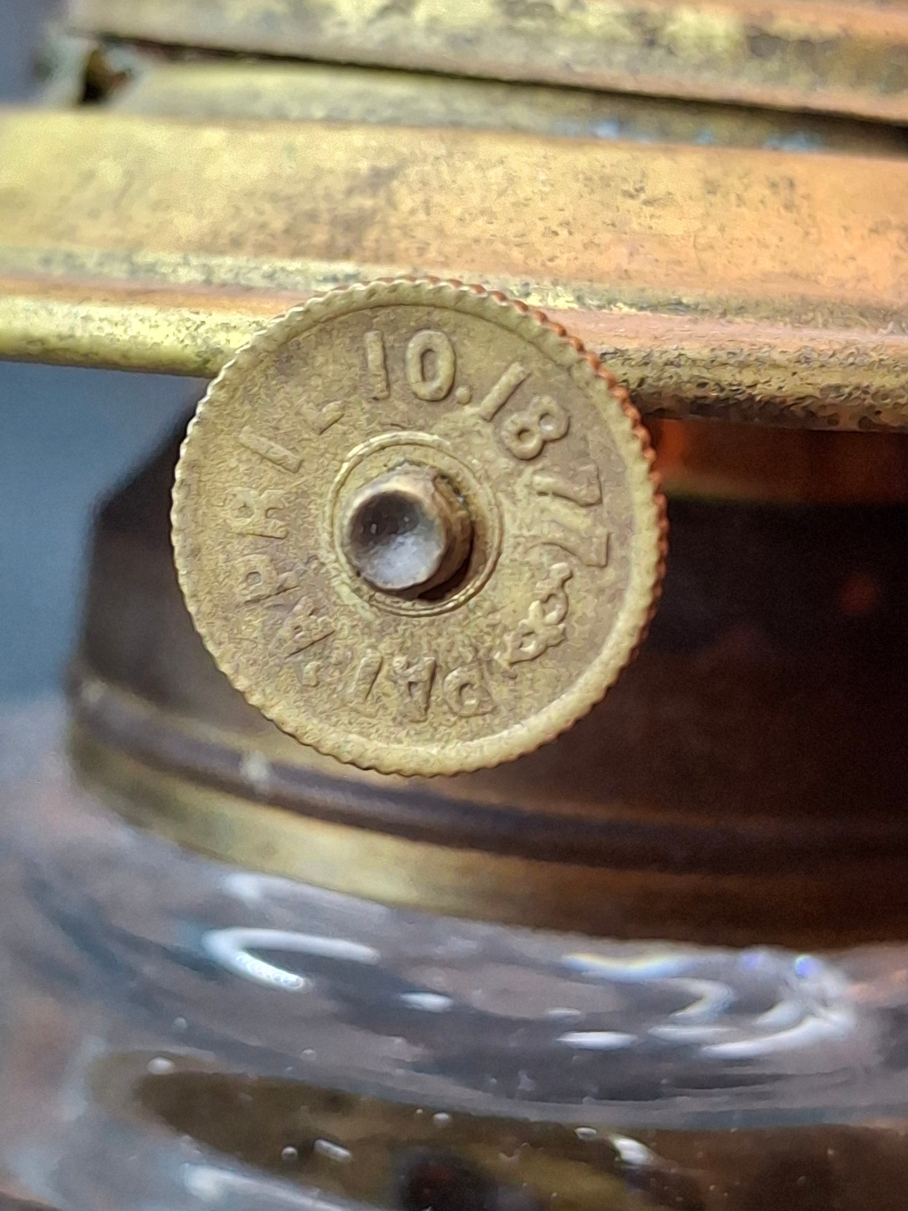 Antique 1877 Victorian Oil Lamp - Etched Floral Font & Wreath Chimney Milk Glass Base