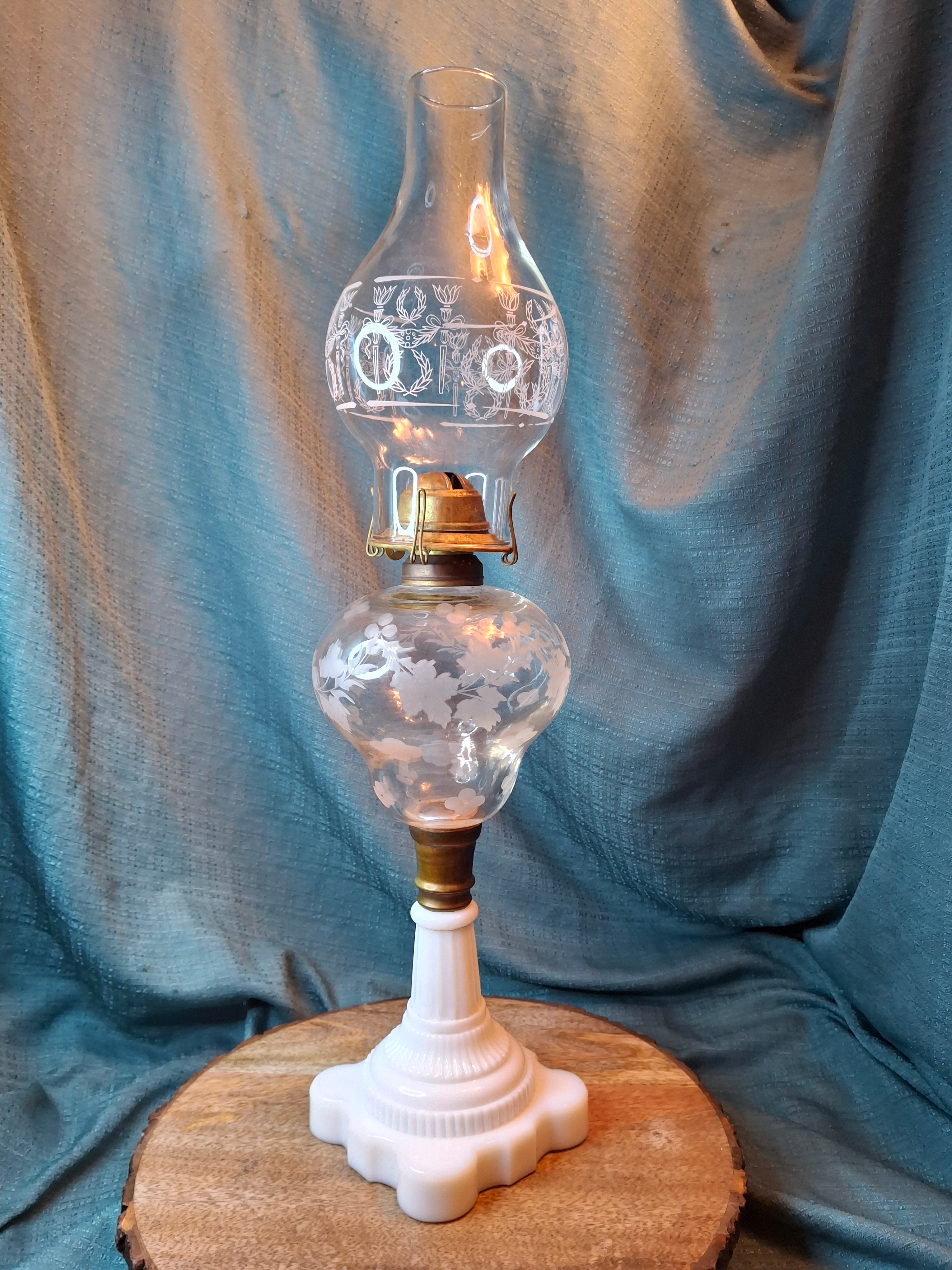 Antique 1877 Victorian Oil Lamp - Etched Floral Font & Wreath Chimney Milk Glass Base