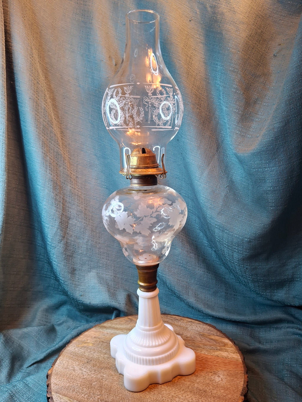 Antique 1877 Victorian Oil Lamp - Etched Floral Font & Wreath Chimney Milk Glass Base