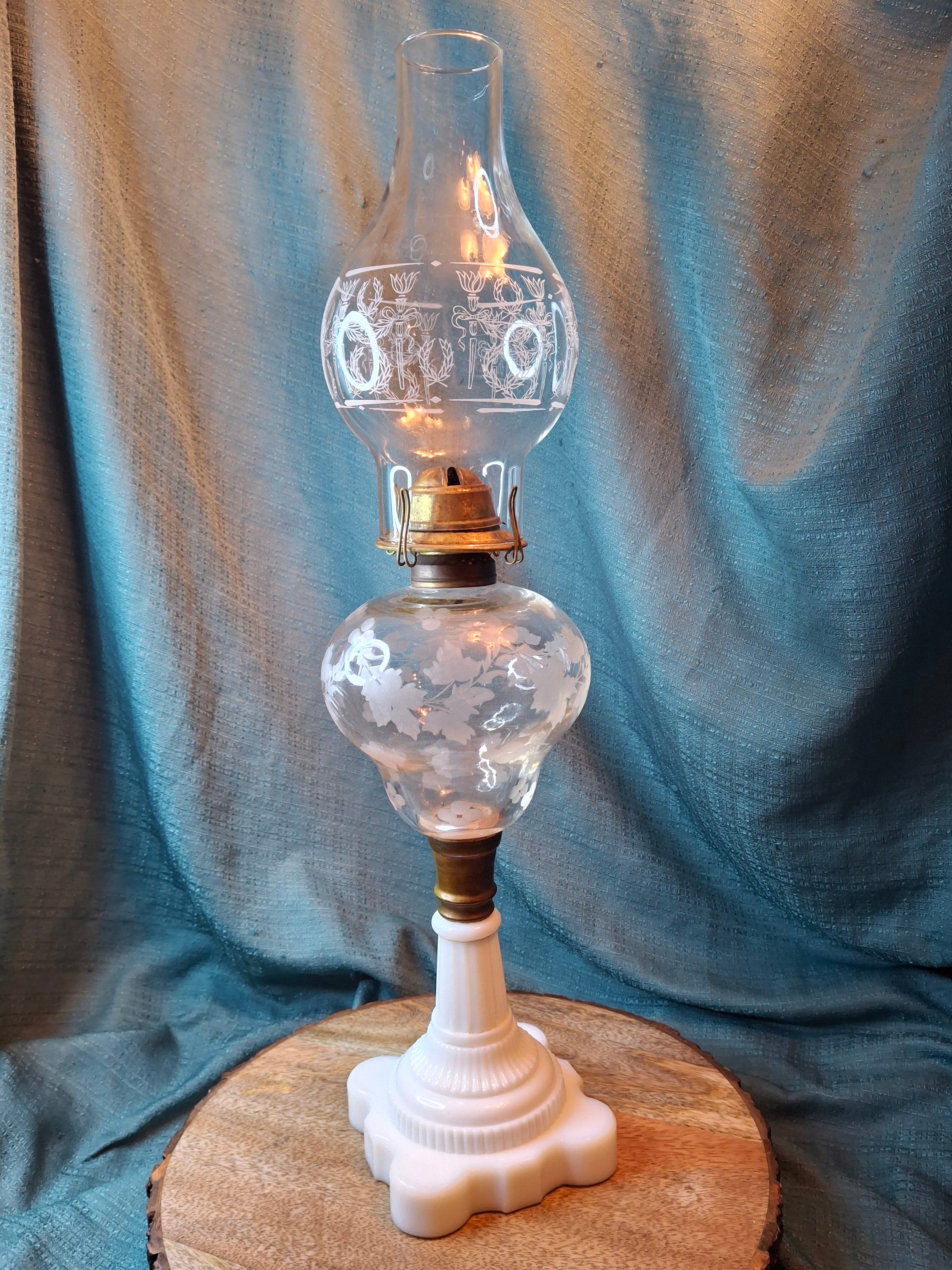 Antique 1877 Victorian Oil Lamp - Etched Floral Font & Wreath Chimney Milk Glass Base