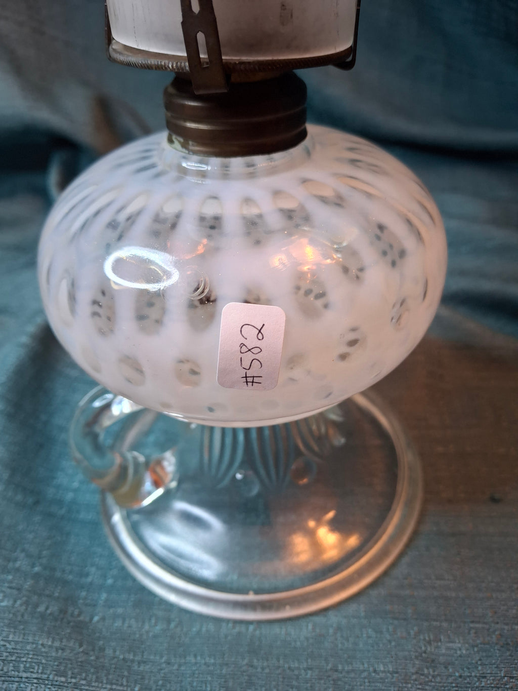 Antique Hobbs Opalescent Coin Dot & Leaf and Jewel Finger Lamp - White to Clear - c.1890