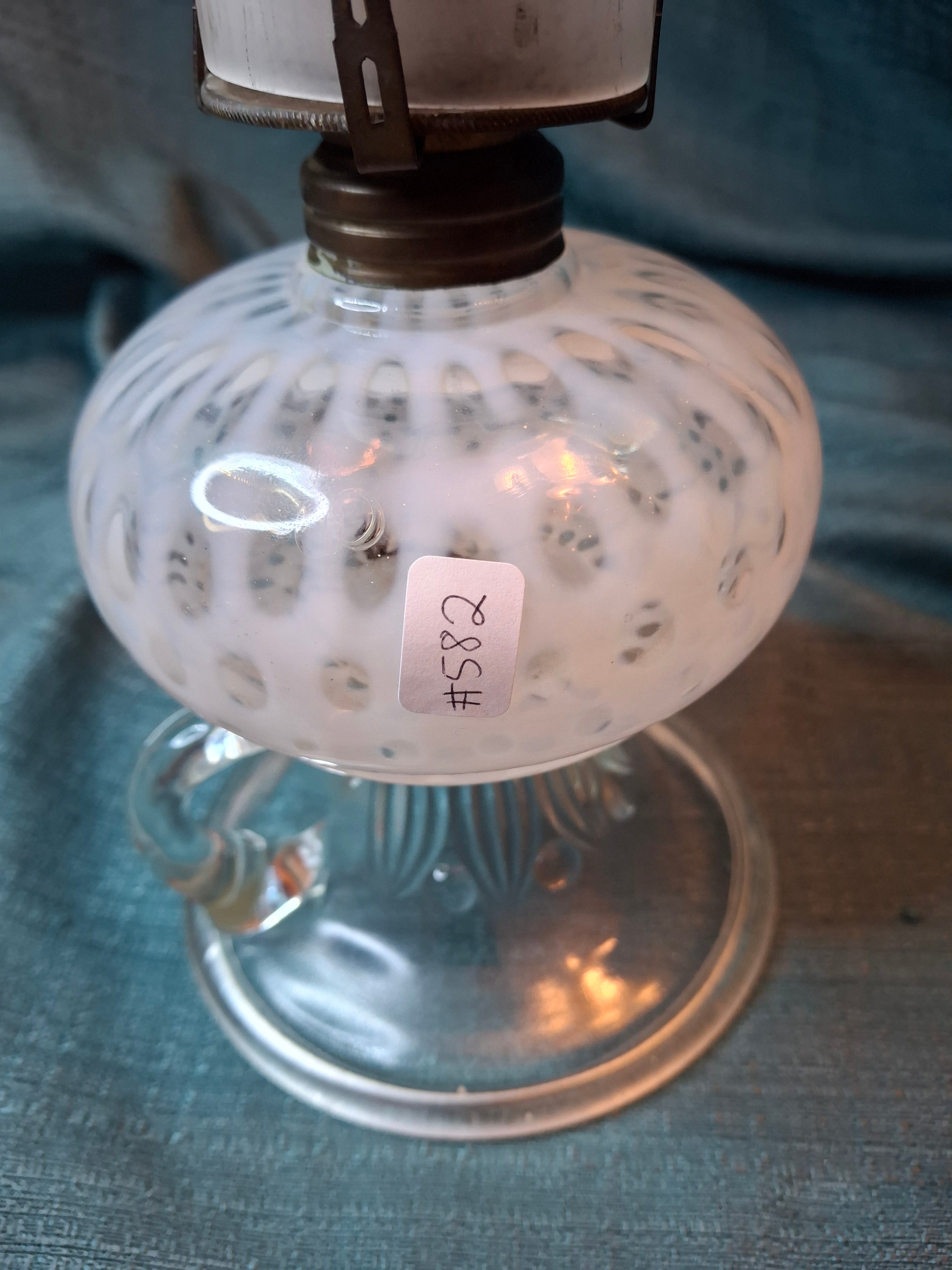 Antique Hobbs Opalescent Coin Dot & Leaf and Jewel Finger Lamp - White to Clear - c.1890