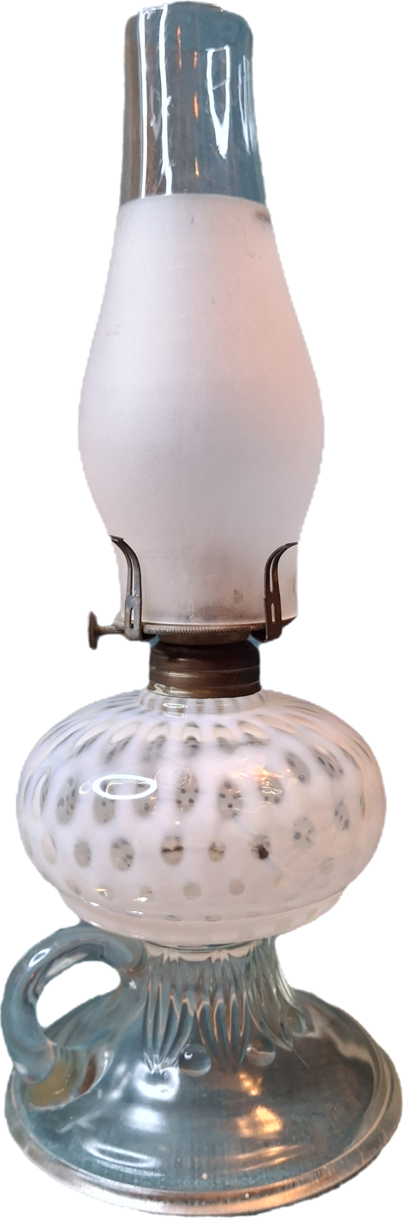 Antique Hobbs Opalescent Coin Dot & Leaf and Jewel Finger Lamp - White to Clear - c.1890