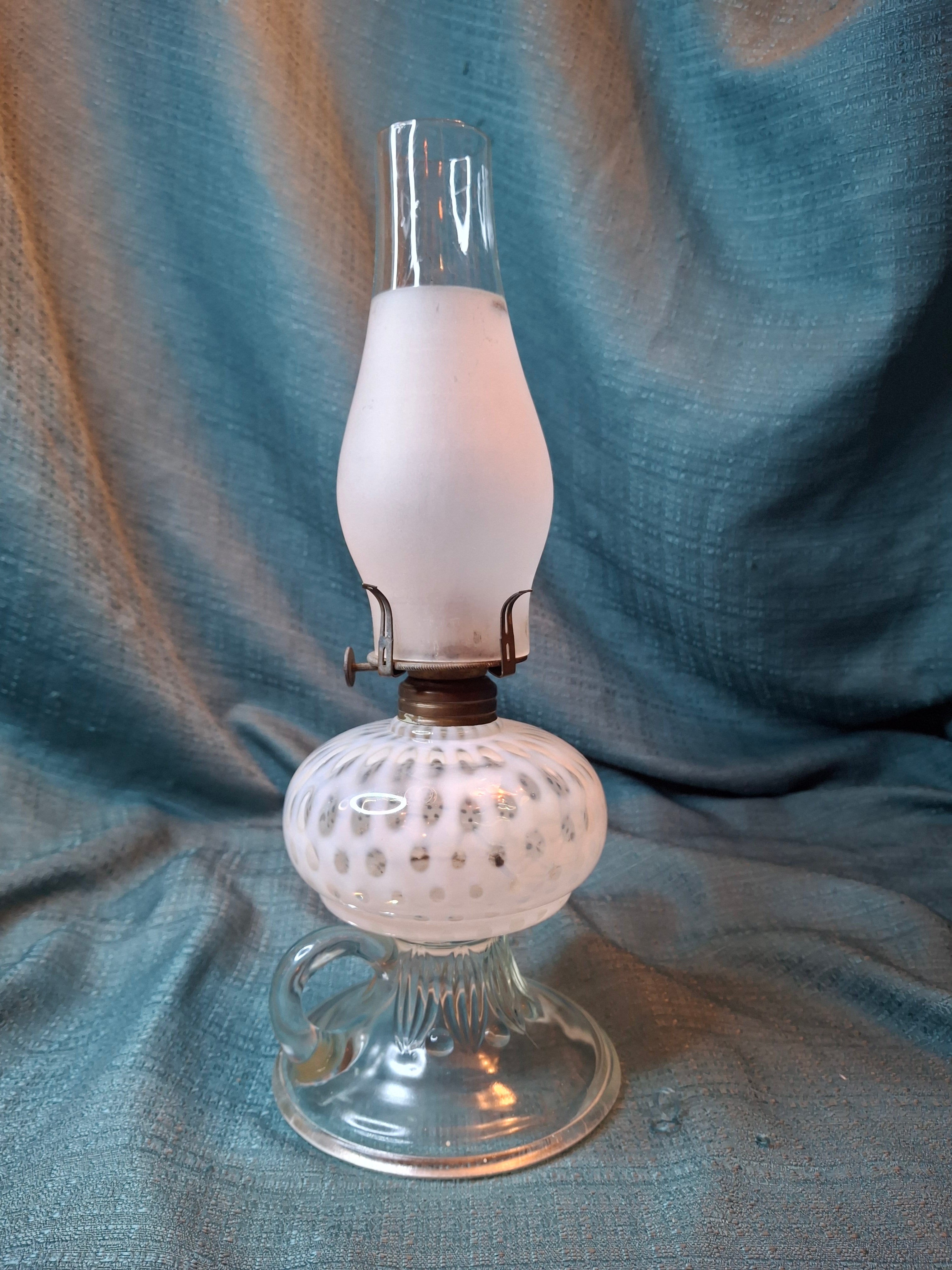 Antique Hobbs Opalescent Coin Dot & Leaf and Jewel Finger Lamp - White to Clear - c.1890