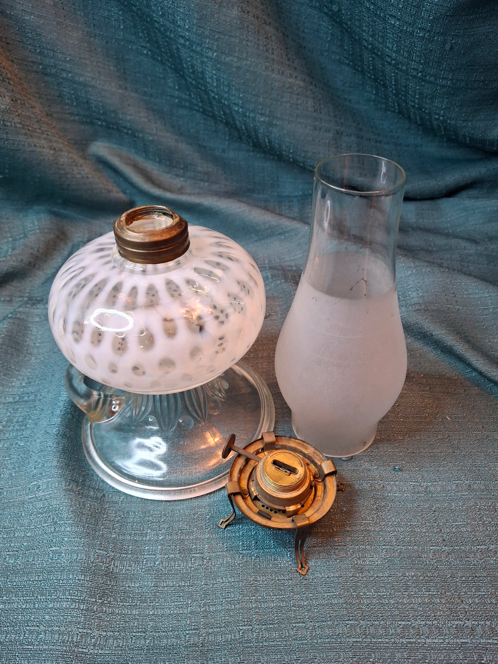 Antique Hobbs Opalescent Coin Dot & Leaf and Jewel Finger Lamp - White to Clear - c.1890