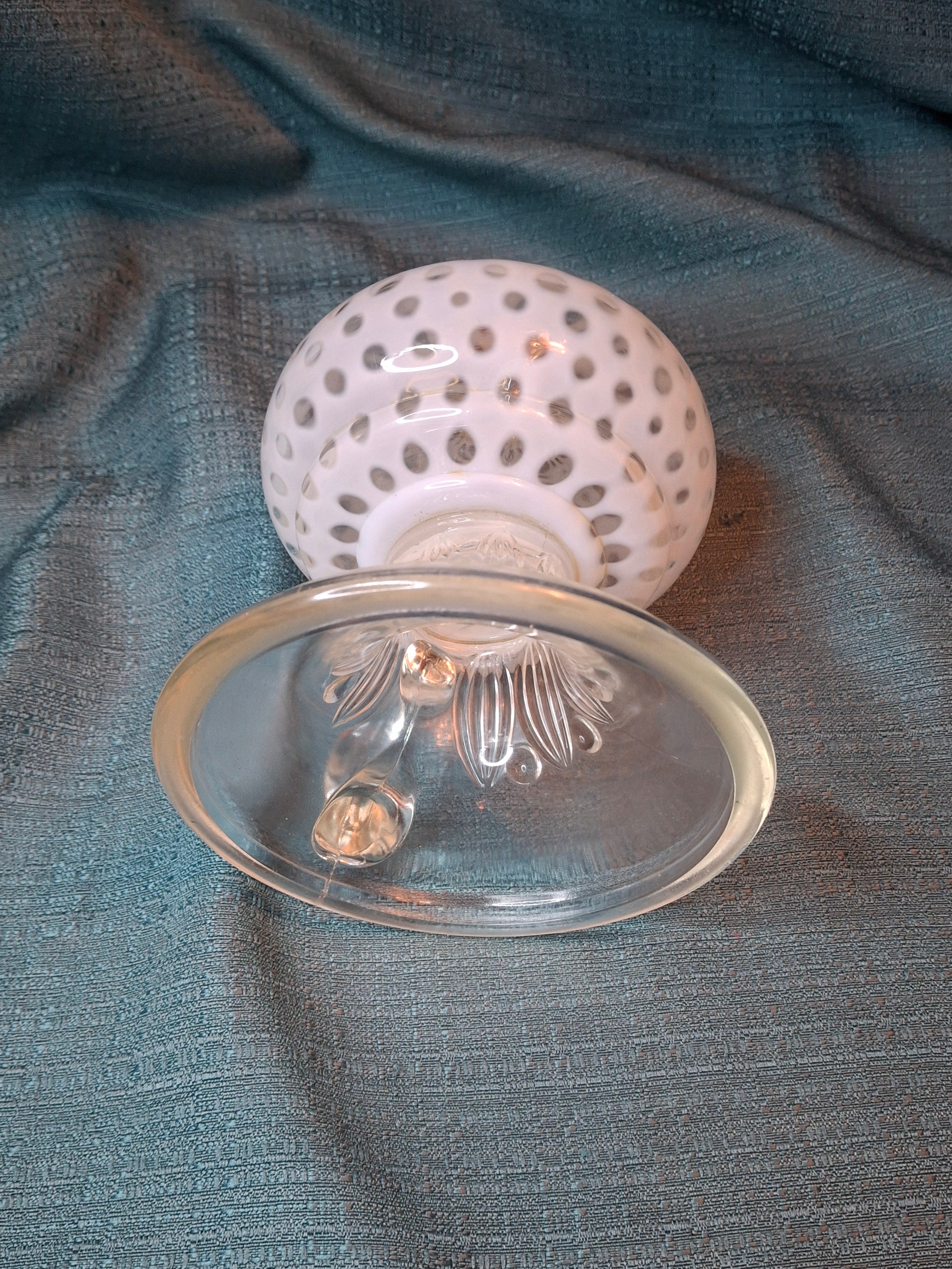 Antique Hobbs Opalescent Coin Dot & Leaf and Jewel Finger Lamp - White to Clear - c.1890