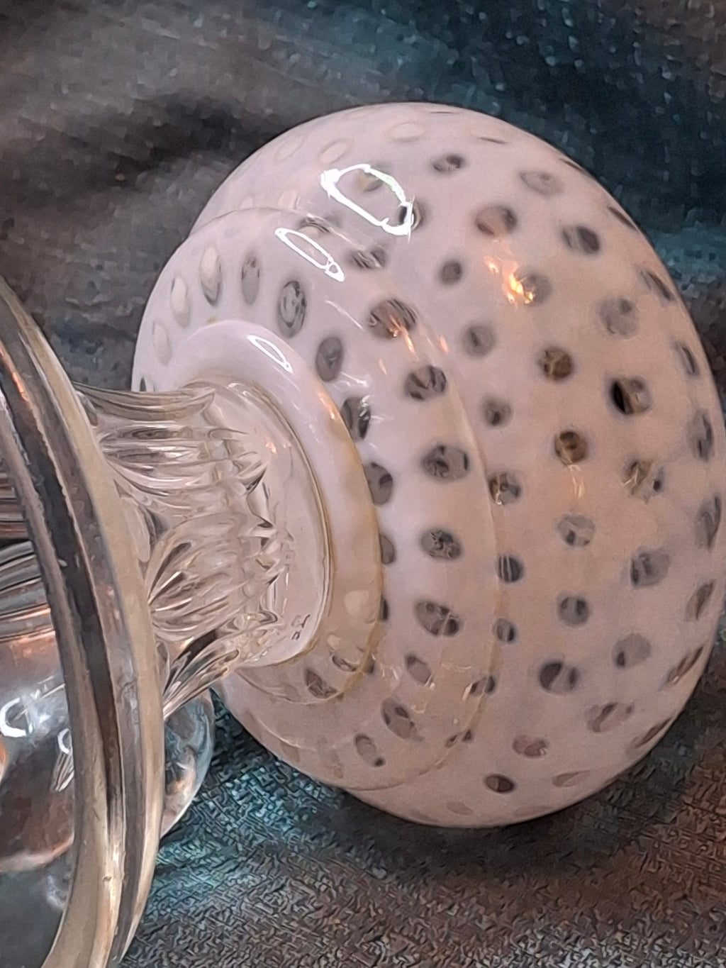 Antique Hobbs Opalescent Coin Dot & Leaf and Jewel Finger Lamp - White to Clear - c.1890