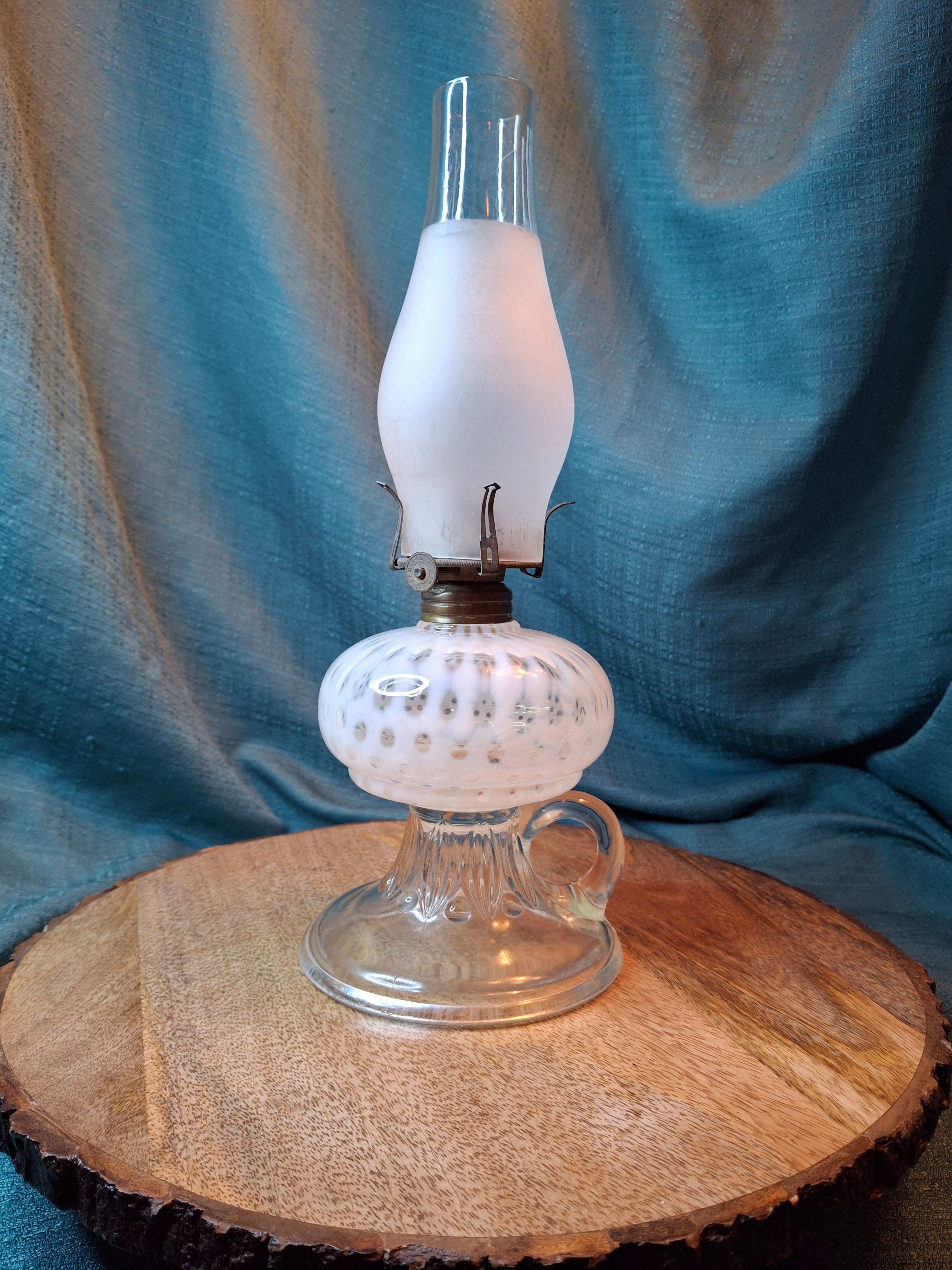Antique Hobbs Opalescent Coin Dot & Leaf and Jewel Finger Lamp - White to Clear - c.1890