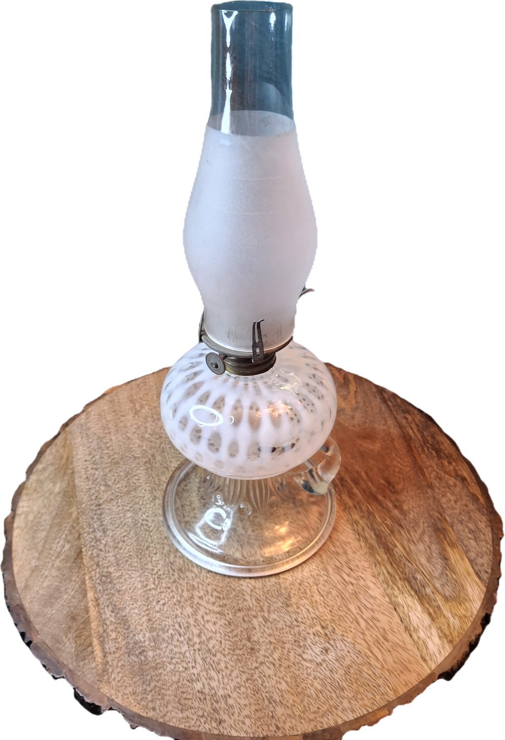 Antique Hobbs Opalescent Coin Dot & Leaf and Jewel Finger Lamp - White to Clear - c.1890