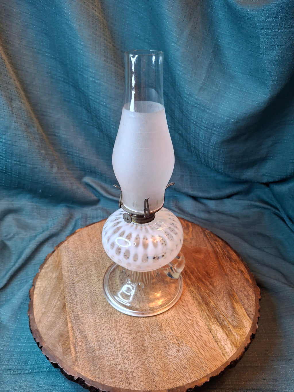 Antique Hobbs Opalescent Coin Dot & Leaf and Jewel Finger Lamp - White to Clear - c.1890
