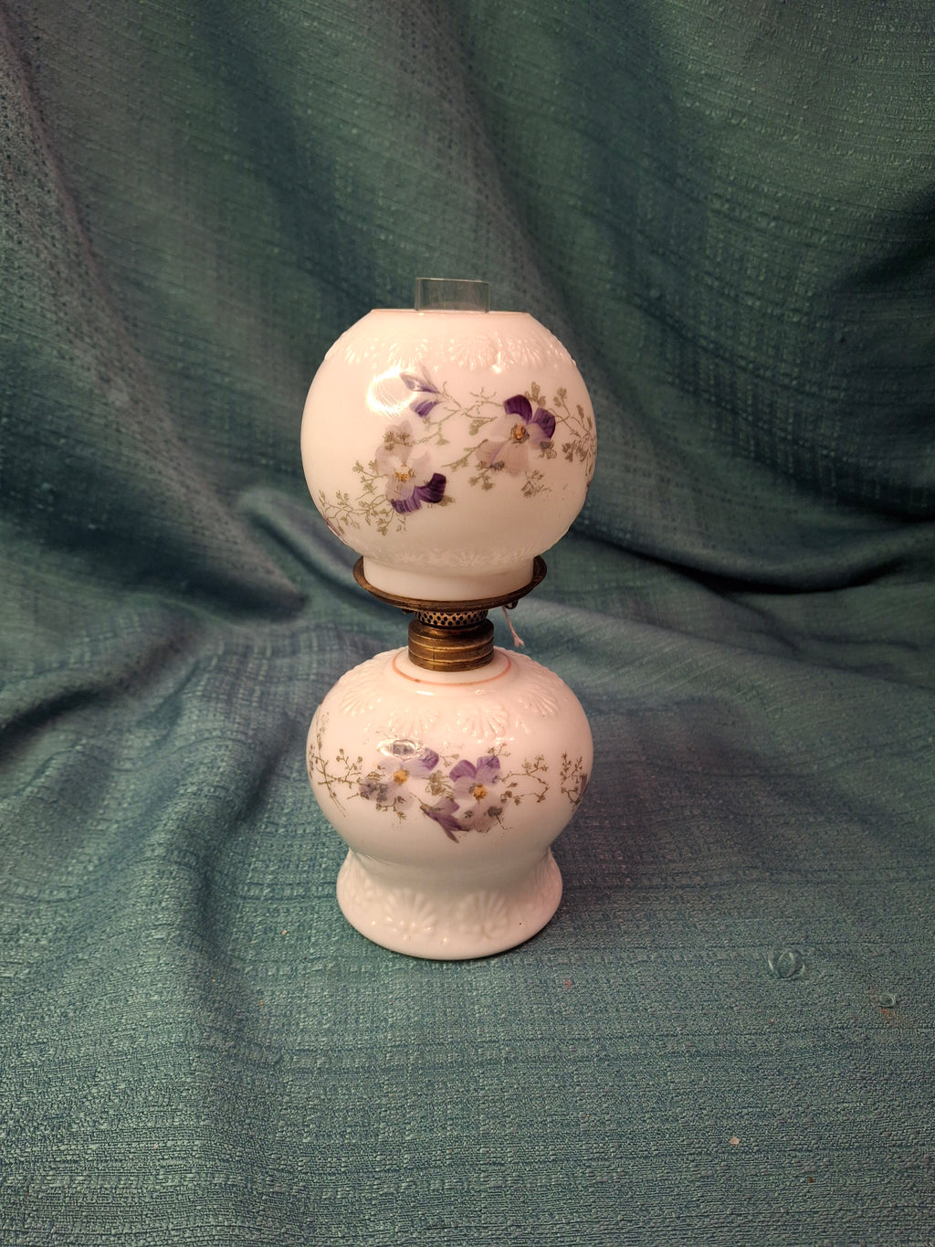 Antique Victorian Miniature Milk Glass Oil Lamp Shell Pattern Purple Violets 7.25"