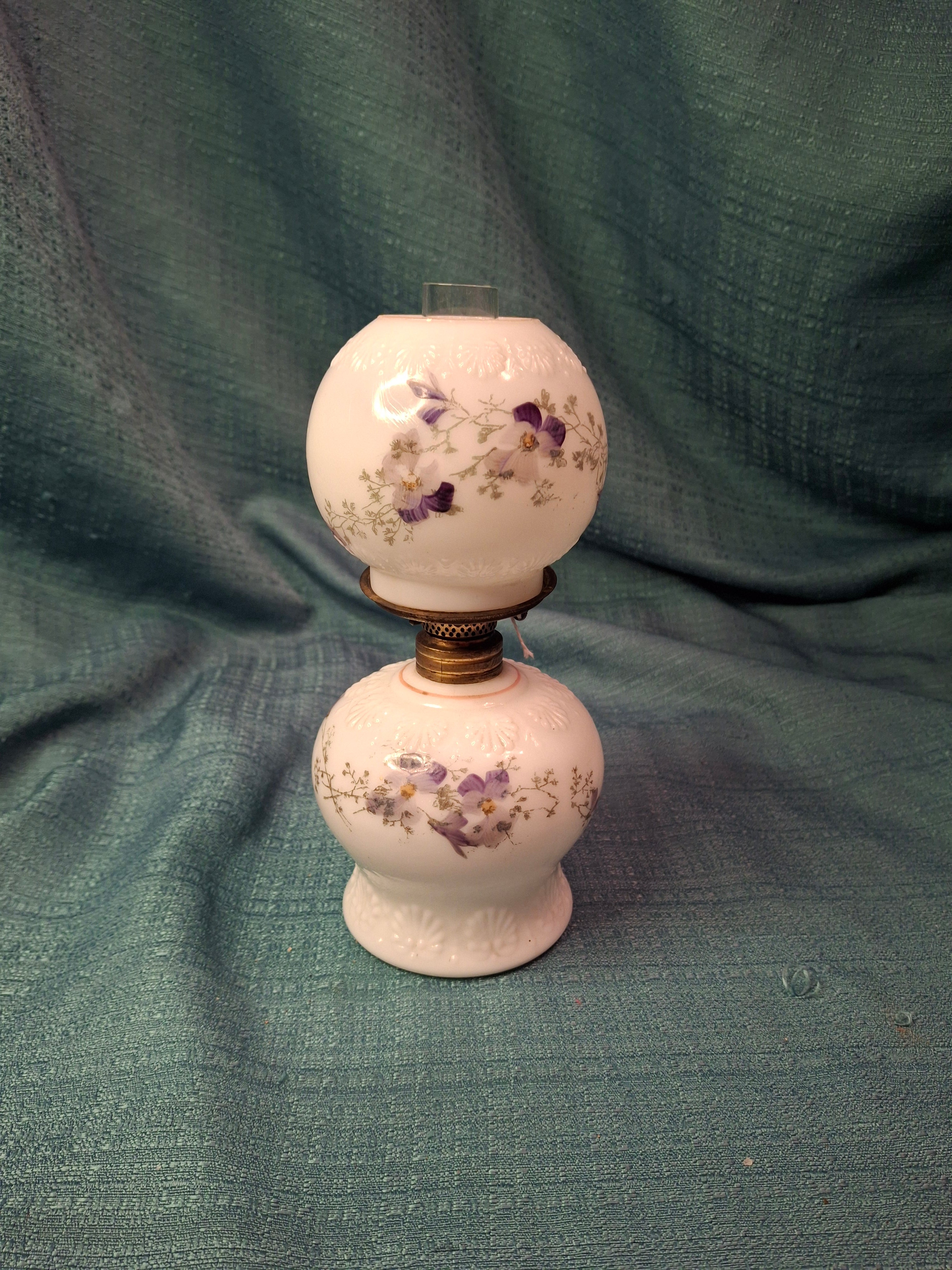 Antique Victorian Miniature Milk Glass Oil Lamp Shell Pattern Purple Violets 7.25"