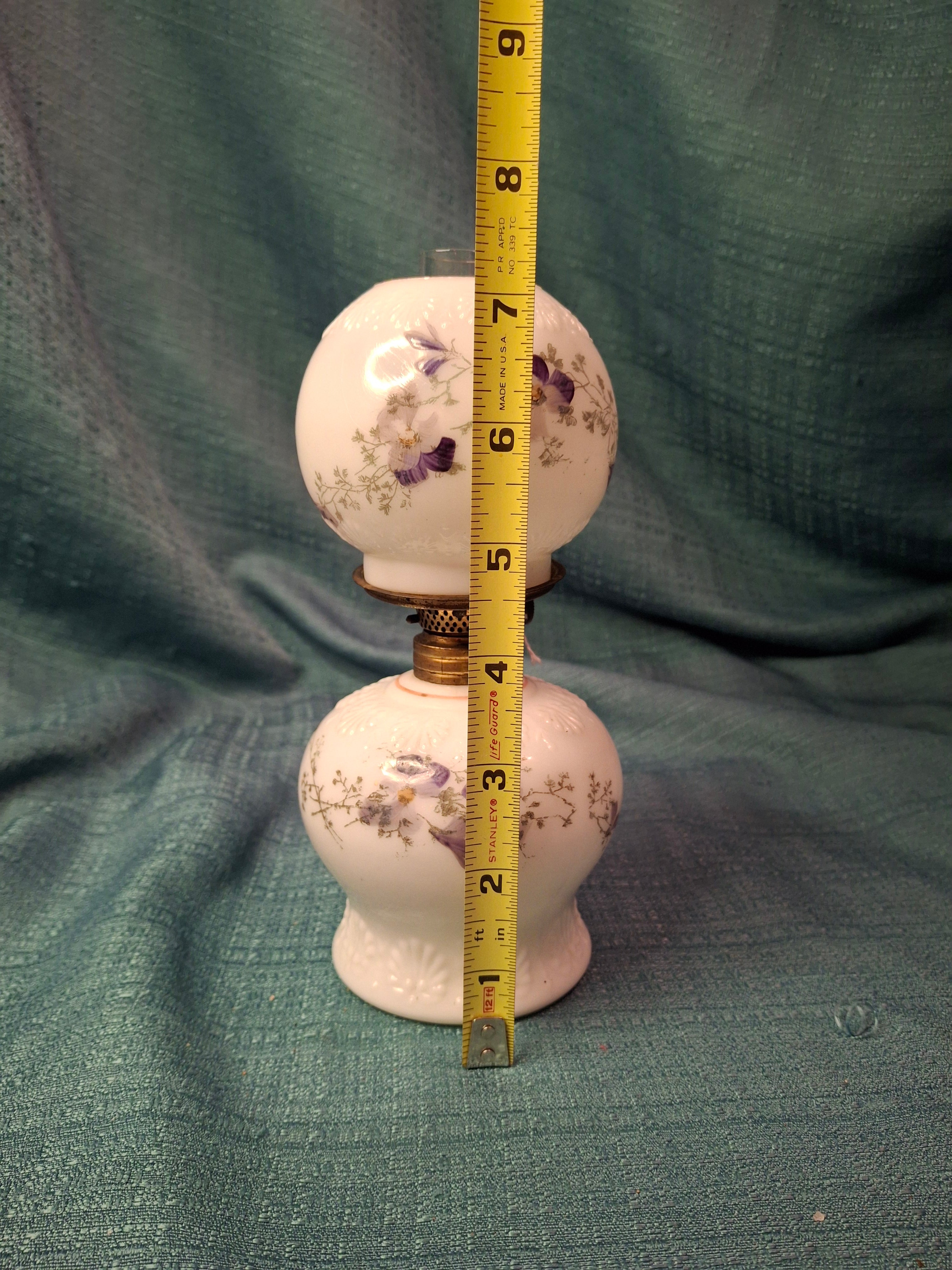 Antique Victorian Miniature Milk Glass Oil Lamp Shell Pattern Purple Violets 7.25"