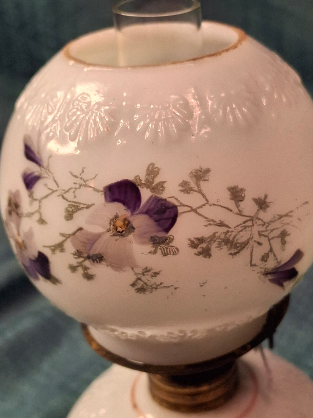 Antique Victorian Miniature Milk Glass Oil Lamp Shell Pattern Purple Violets 7.25"