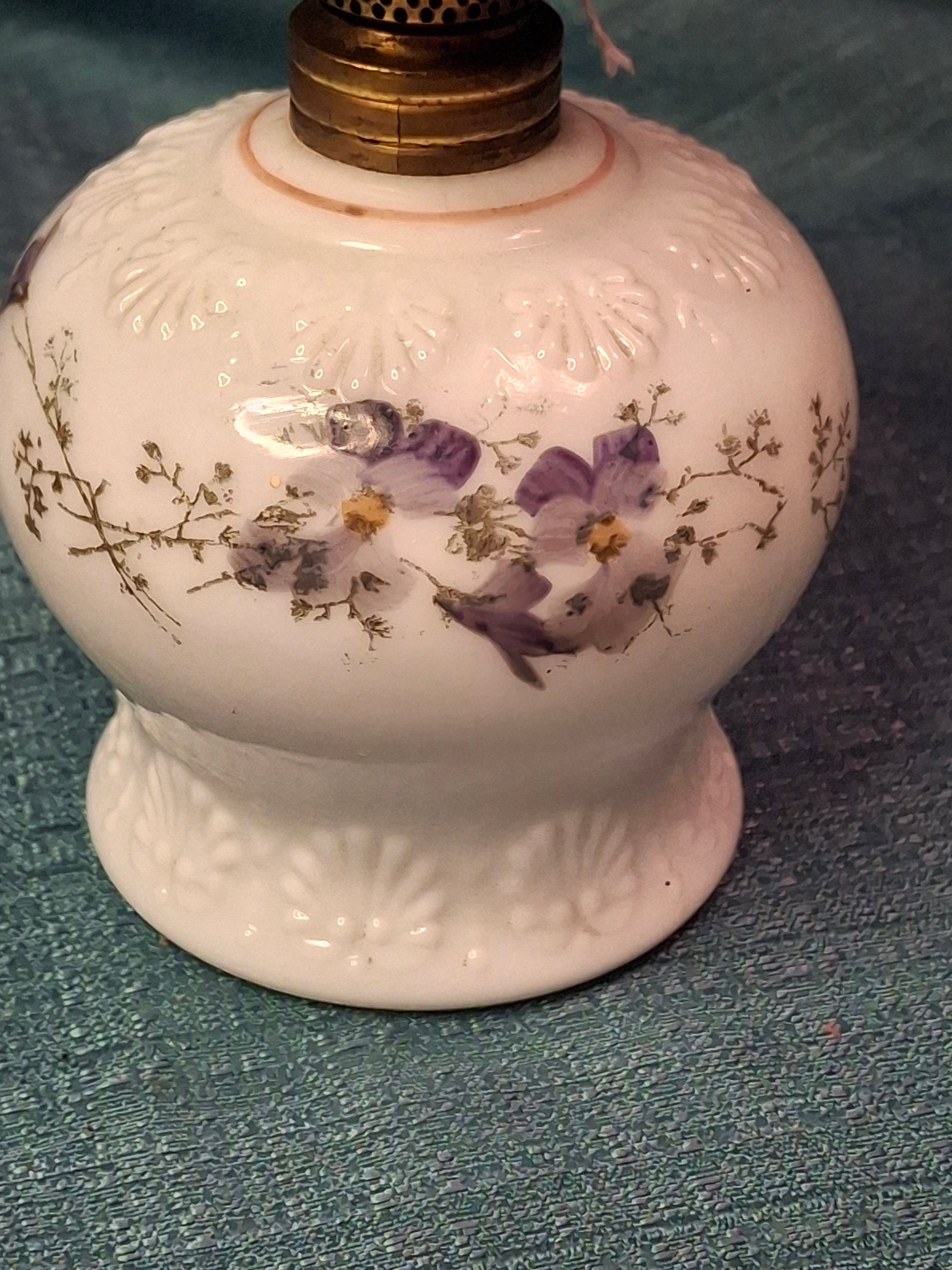Antique Victorian Miniature Milk Glass Oil Lamp Shell Pattern Purple Violets 7.25"