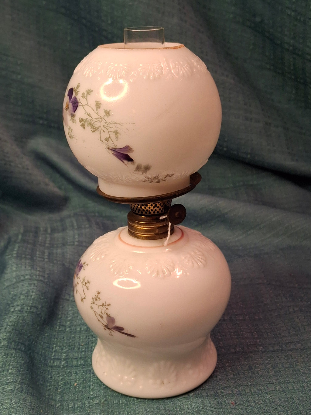 Antique Victorian Miniature Milk Glass Oil Lamp Shell Pattern Purple Violets 7.25"