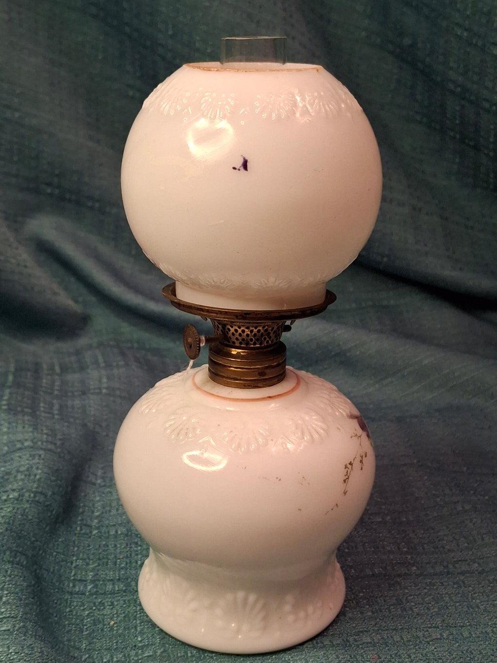 Antique Victorian Miniature Milk Glass Oil Lamp Shell Pattern Purple Violets 7.25"