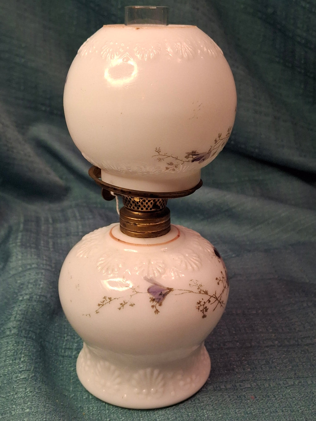 Antique Victorian Miniature Milk Glass Oil Lamp Shell Pattern Purple Violets 7.25"