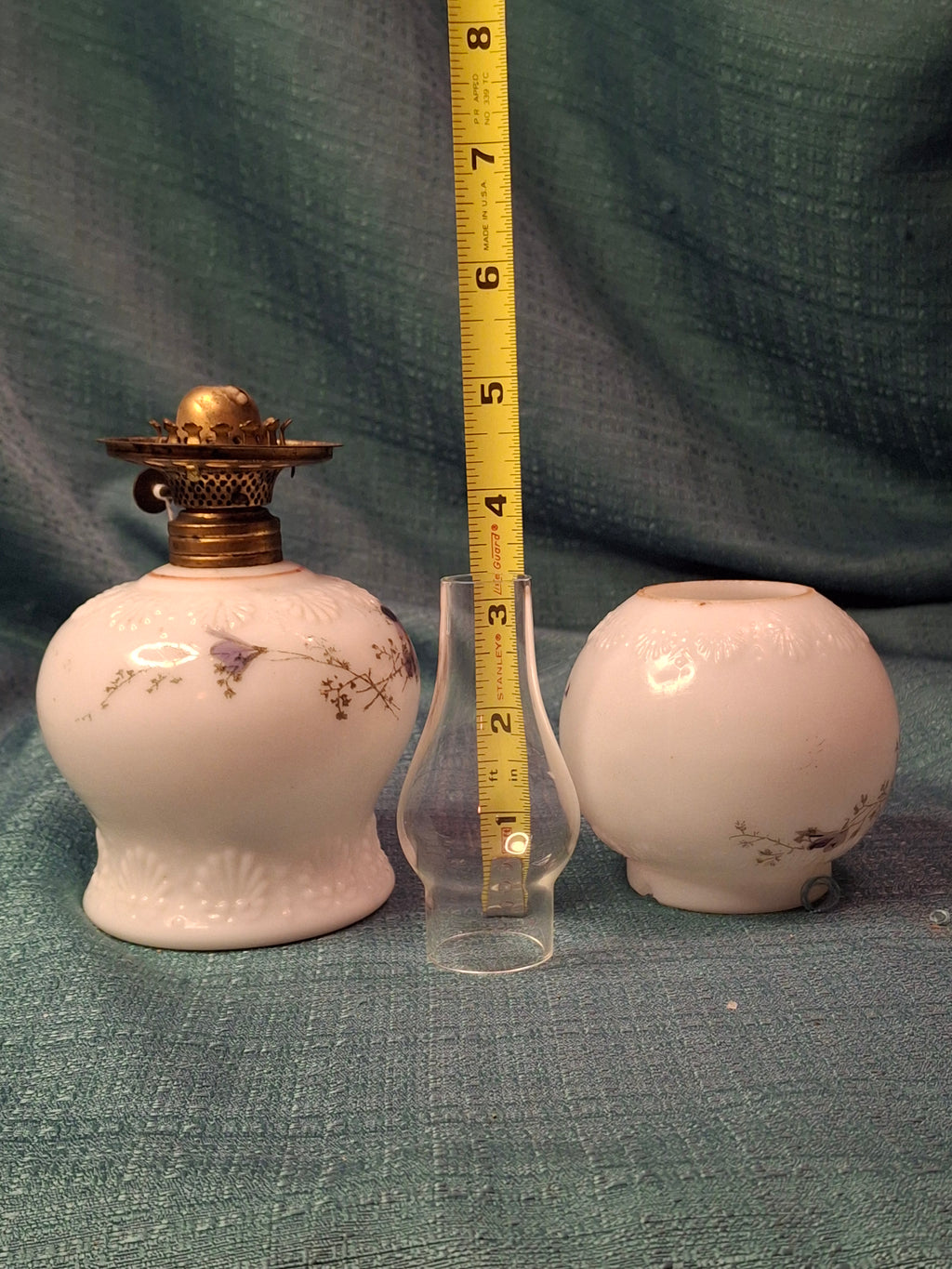 Antique Victorian Miniature Milk Glass Oil Lamp Shell Pattern Purple Violets 7.25"