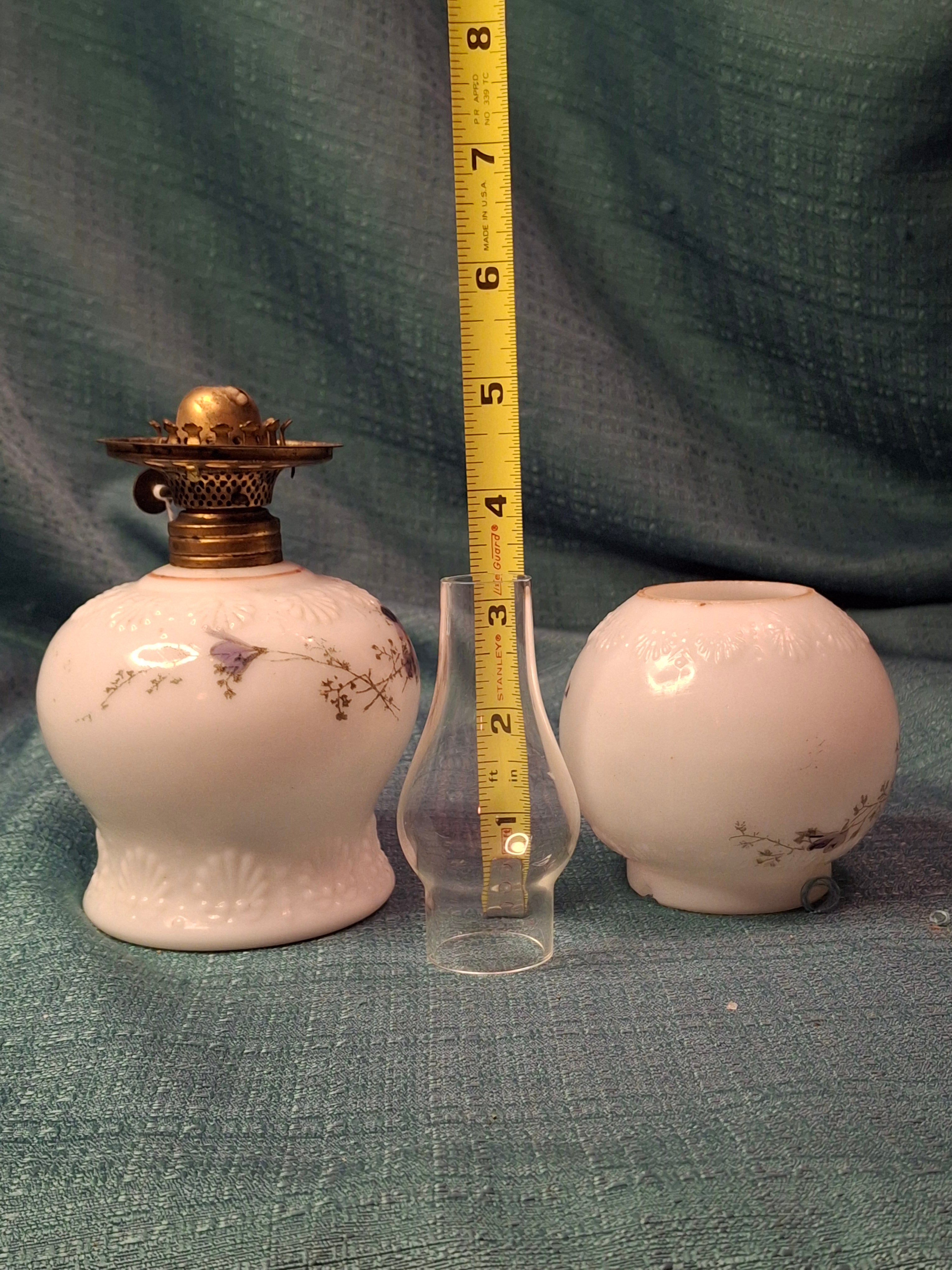 Antique Victorian Miniature Milk Glass Oil Lamp Shell Pattern Purple Violets 7.25"