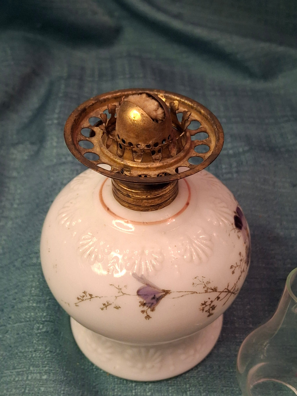 Antique Victorian Miniature Milk Glass Oil Lamp Shell Pattern Purple Violets 7.25"