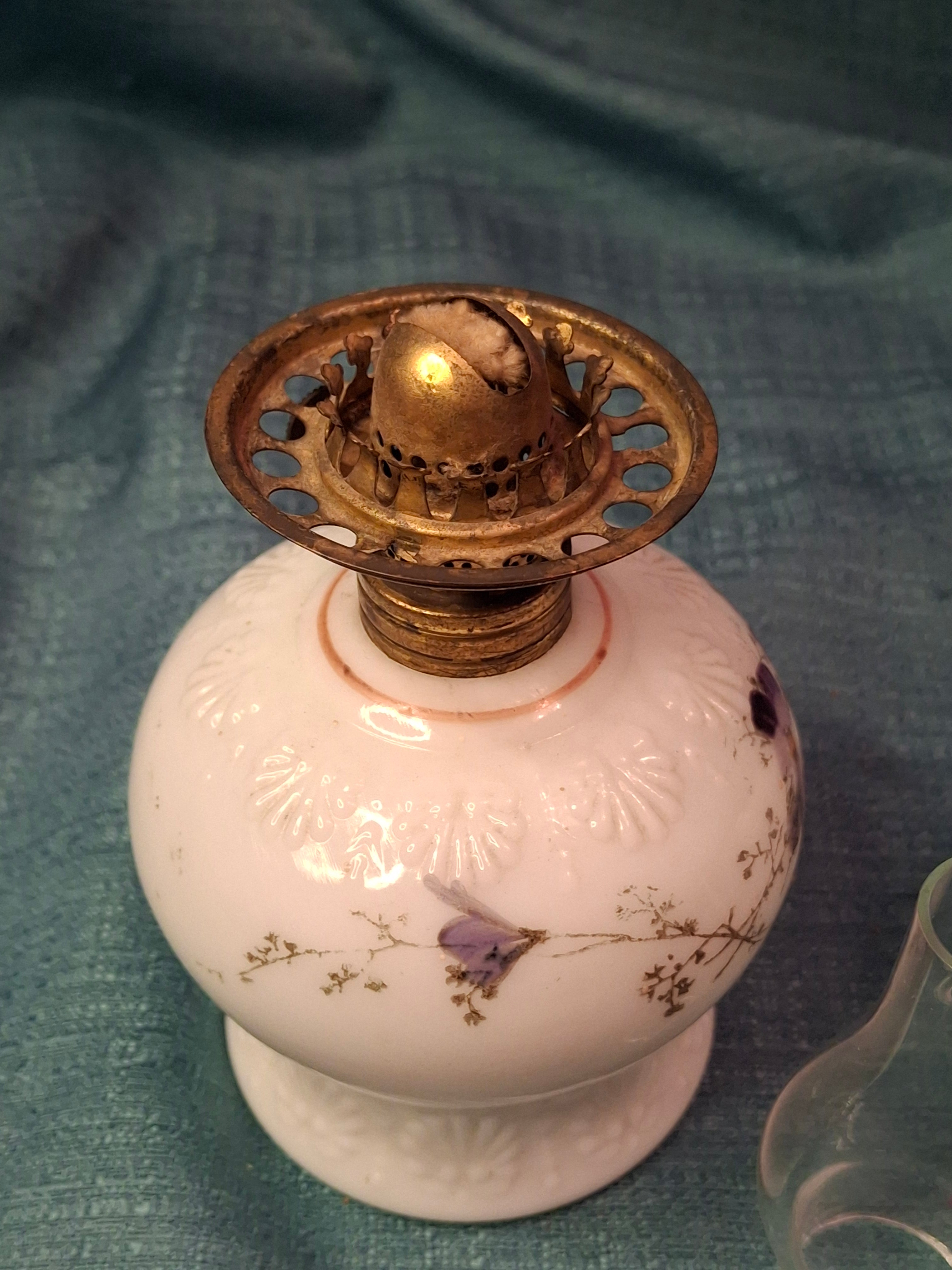 Antique Victorian Miniature Milk Glass Oil Lamp Shell Pattern Purple Violets 7.25"