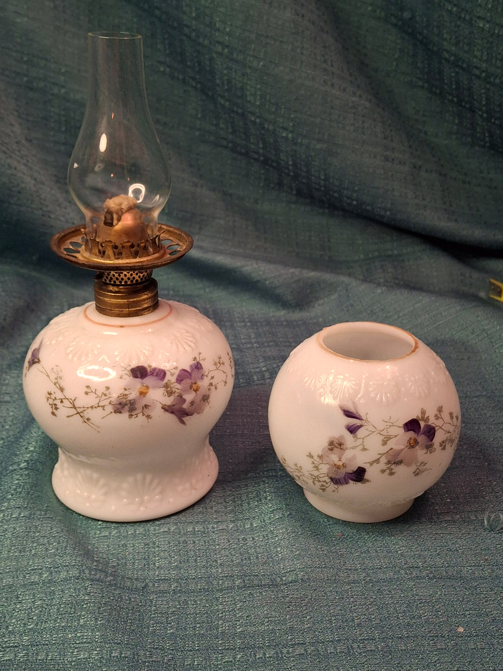 Antique Victorian Miniature Milk Glass Oil Lamp Shell Pattern Purple Violets 7.25"