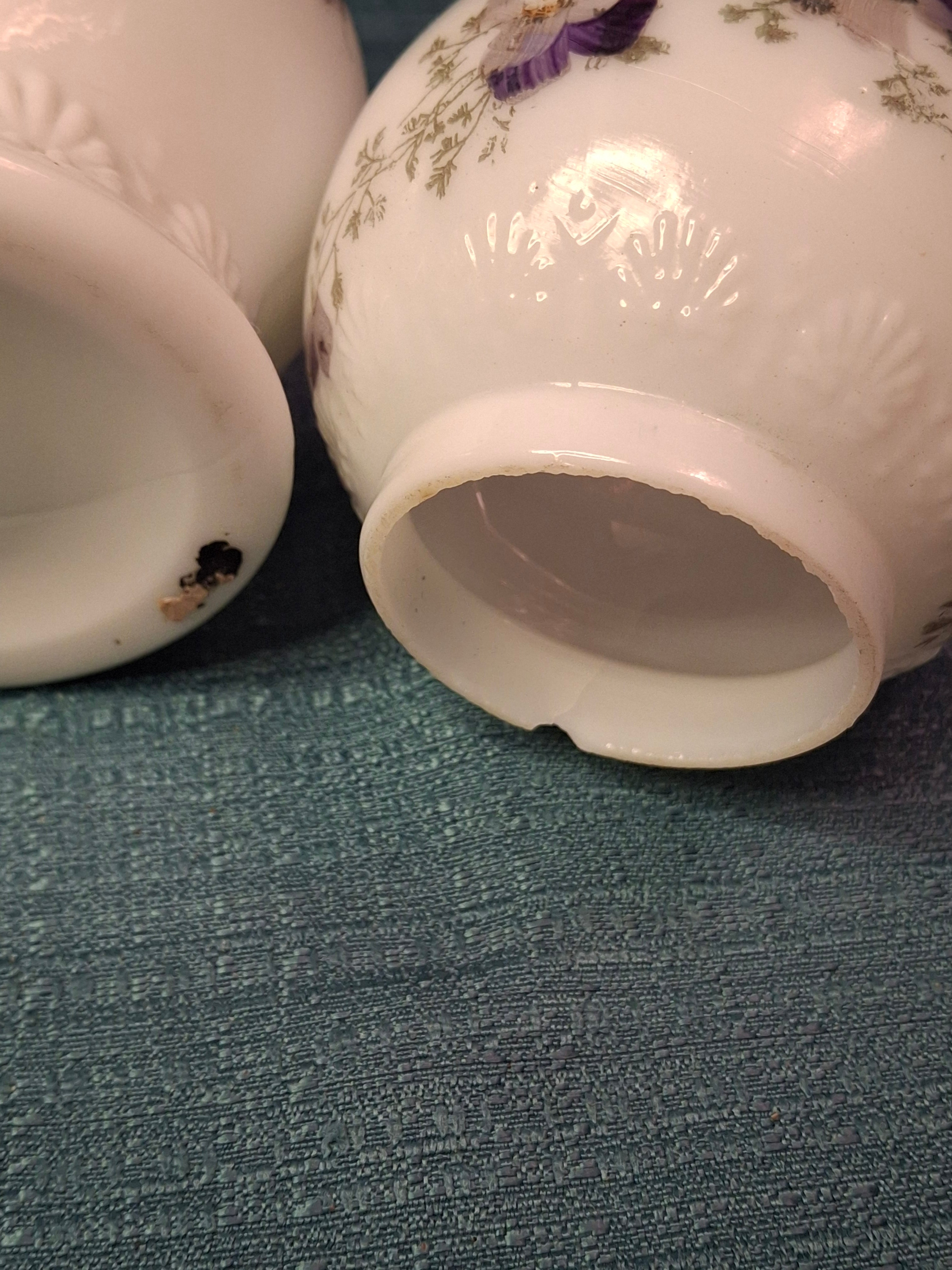 Antique Victorian Miniature Milk Glass Oil Lamp Shell Pattern Purple Violets 7.25"