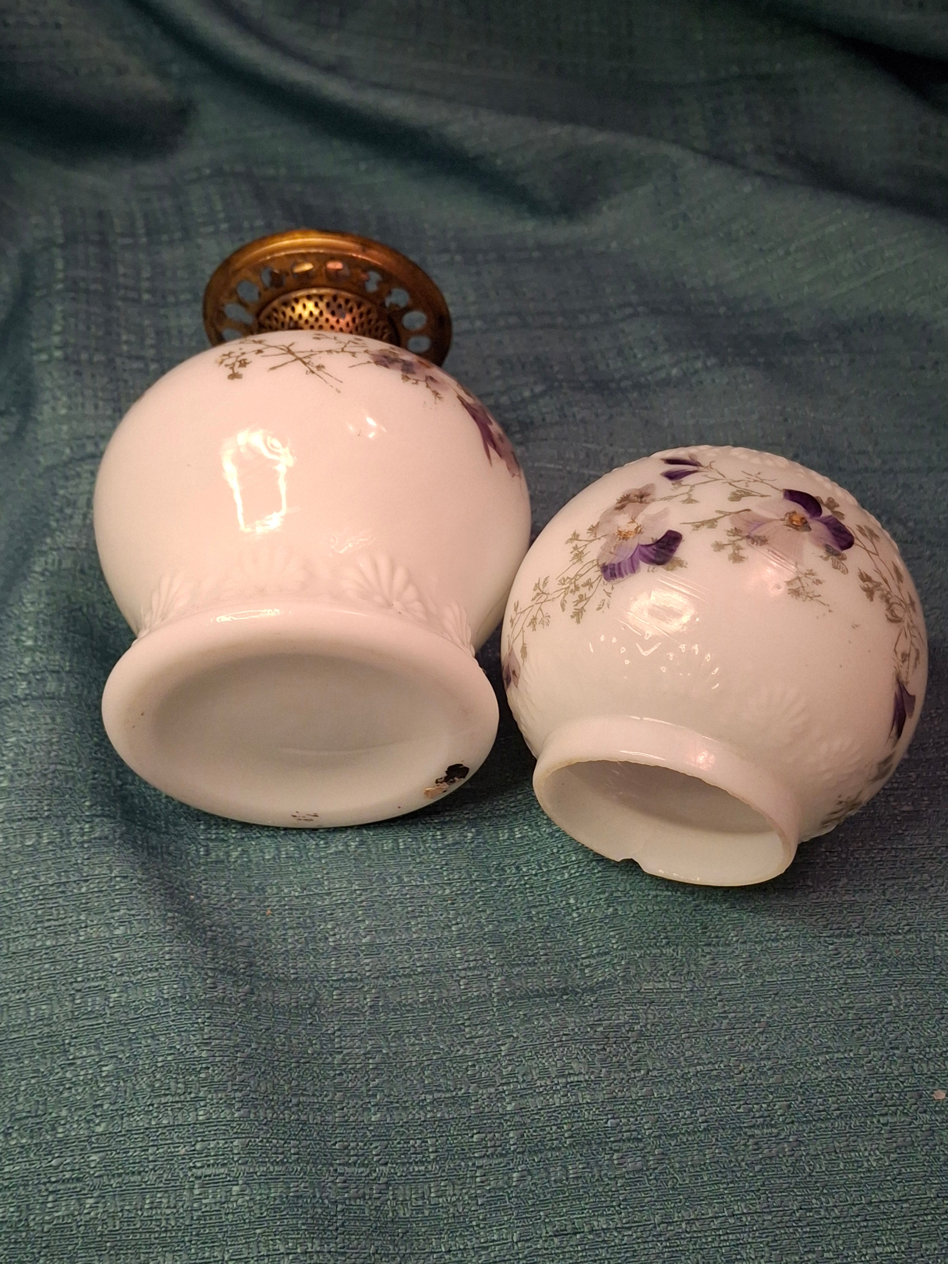 Antique Victorian Miniature Milk Glass Oil Lamp Shell Pattern Purple Violets 7.25"