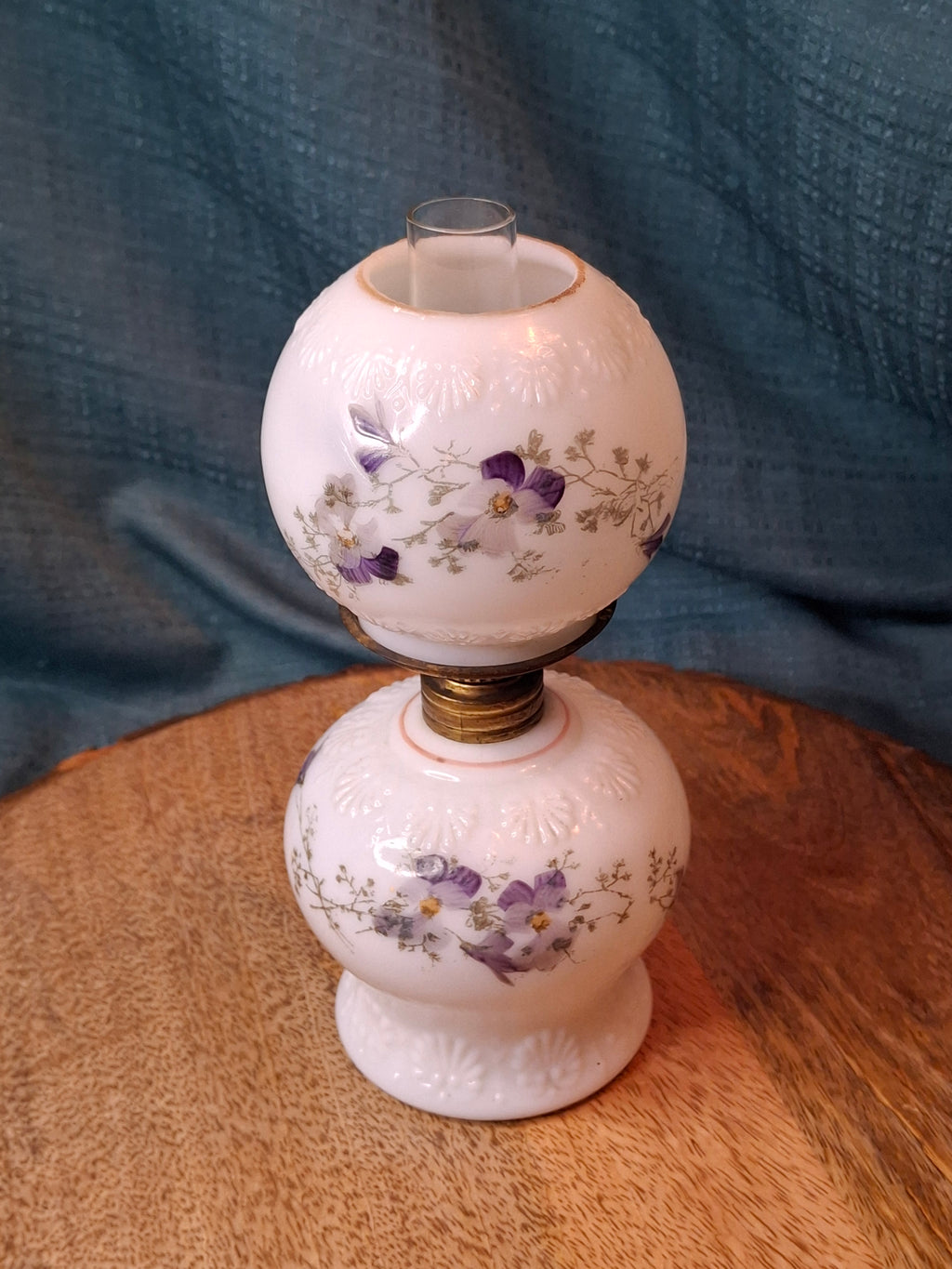 Antique Victorian Miniature Milk Glass Oil Lamp Shell Pattern Purple Violets 7.25"