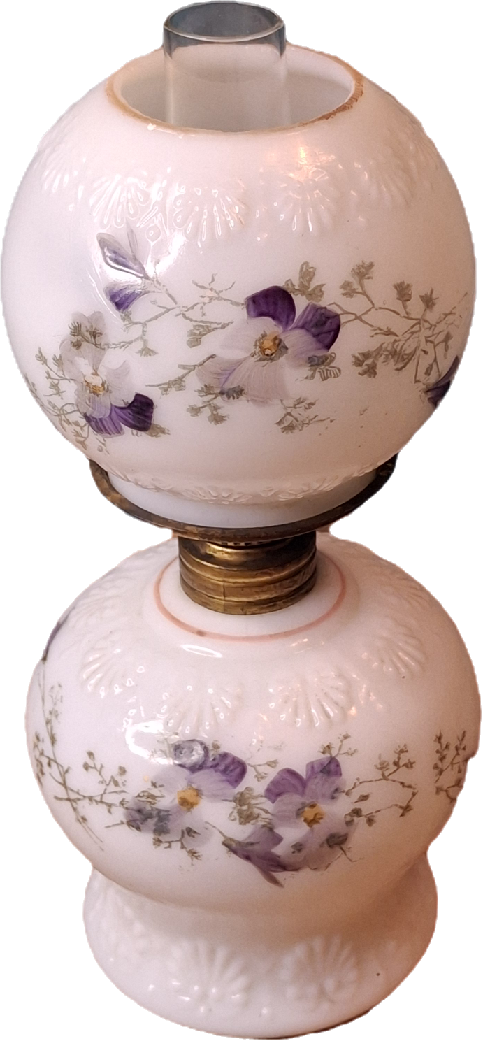 Antique Victorian Miniature Milk Glass Oil Lamp Shell Pattern Purple Violets 7.25"