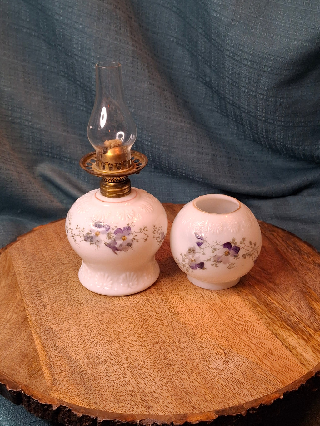 Antique Victorian Miniature Milk Glass Oil Lamp Shell Pattern Purple Violets 7.25"
