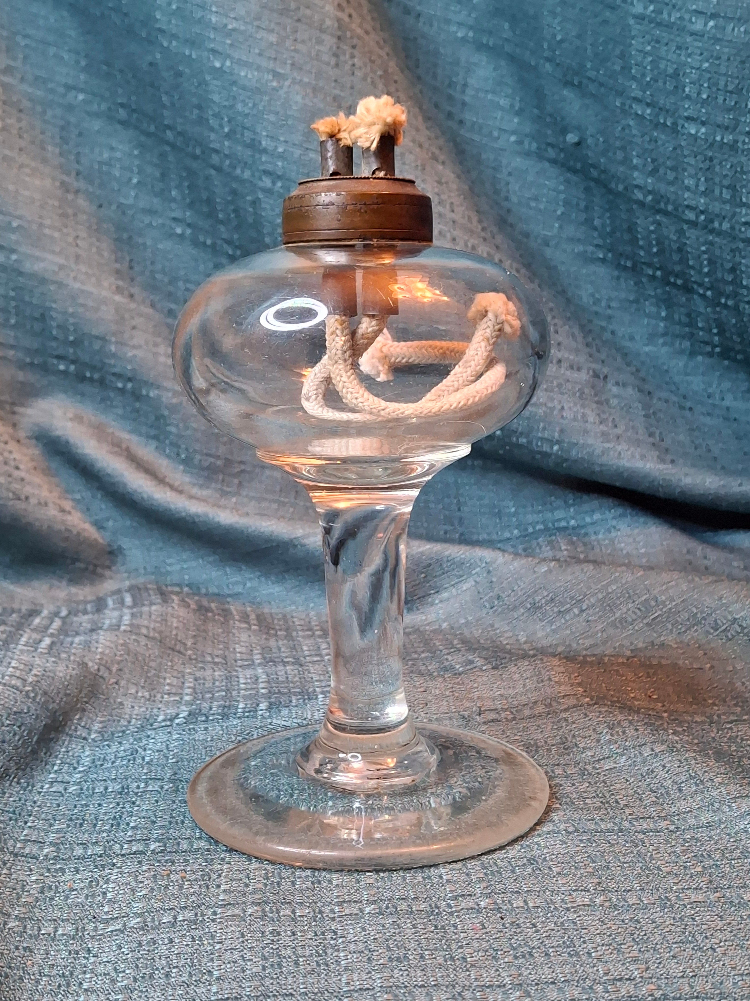 Antique 19th C. Flint Glass Whale Oil Lamp - Goblet Style - Double Tube Burner 7"