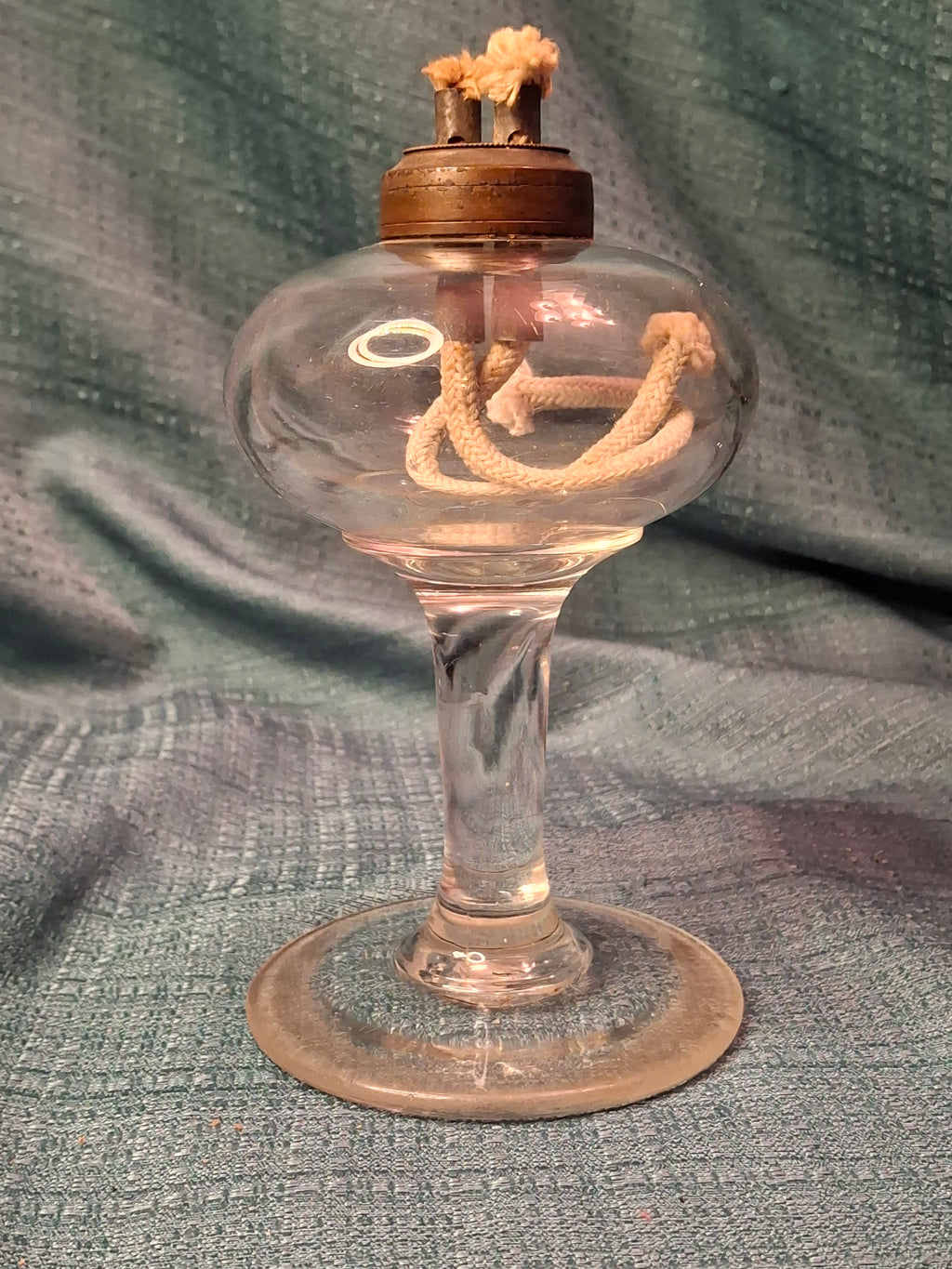 Antique 19th C. Flint Glass Whale Oil Lamp - Goblet Style - Double Tube Burner 7"