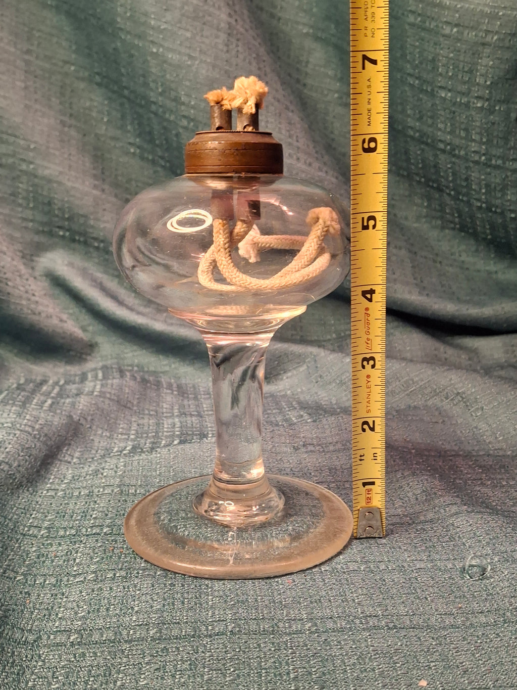 Antique 19th C. Flint Glass Whale Oil Lamp - Goblet Style - Double Tube Burner 7"