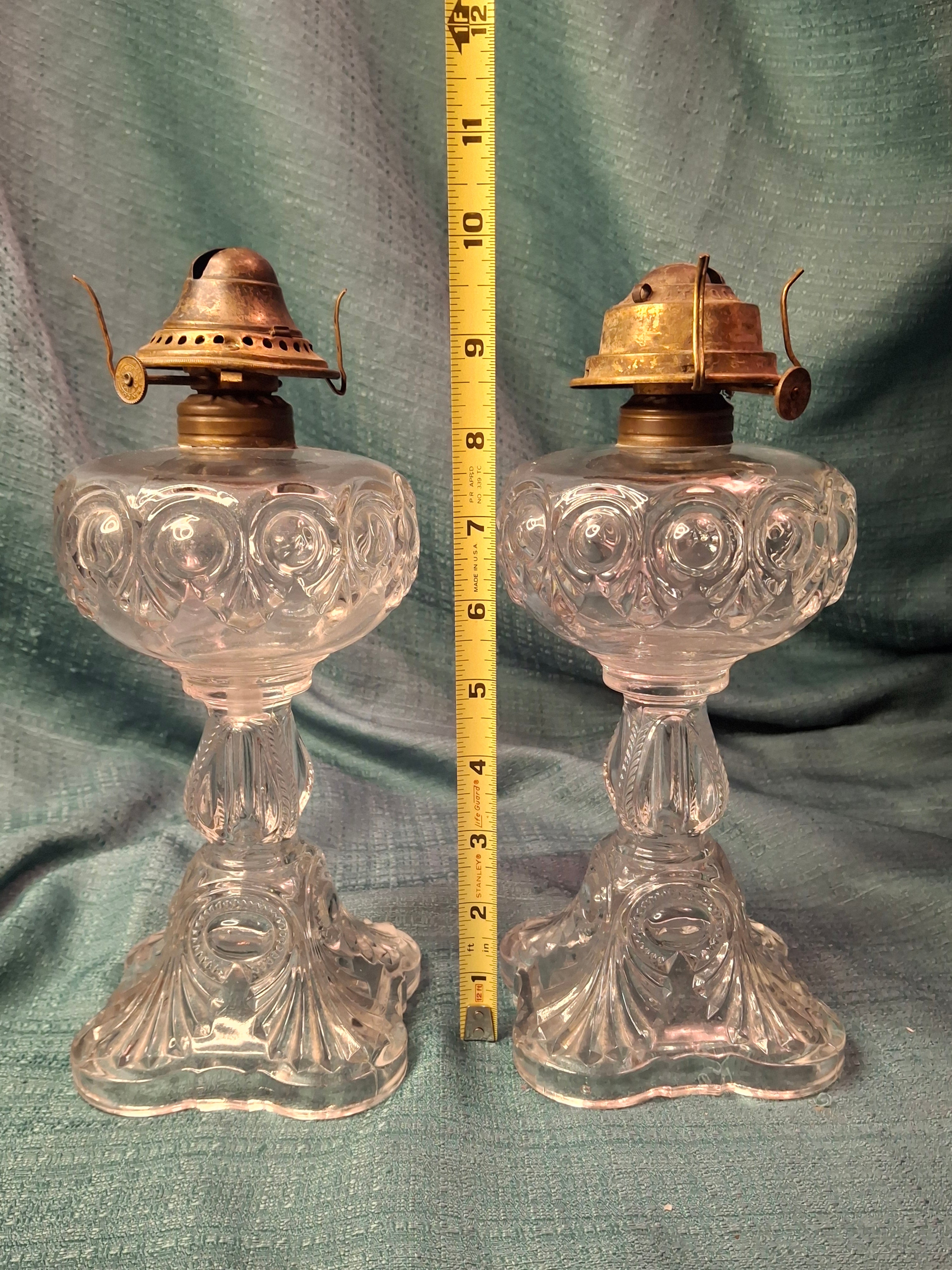 Antique Pair EAPG Bullseye and Fan Kerosene Oil Lamps Plume & Atwood E. Miller