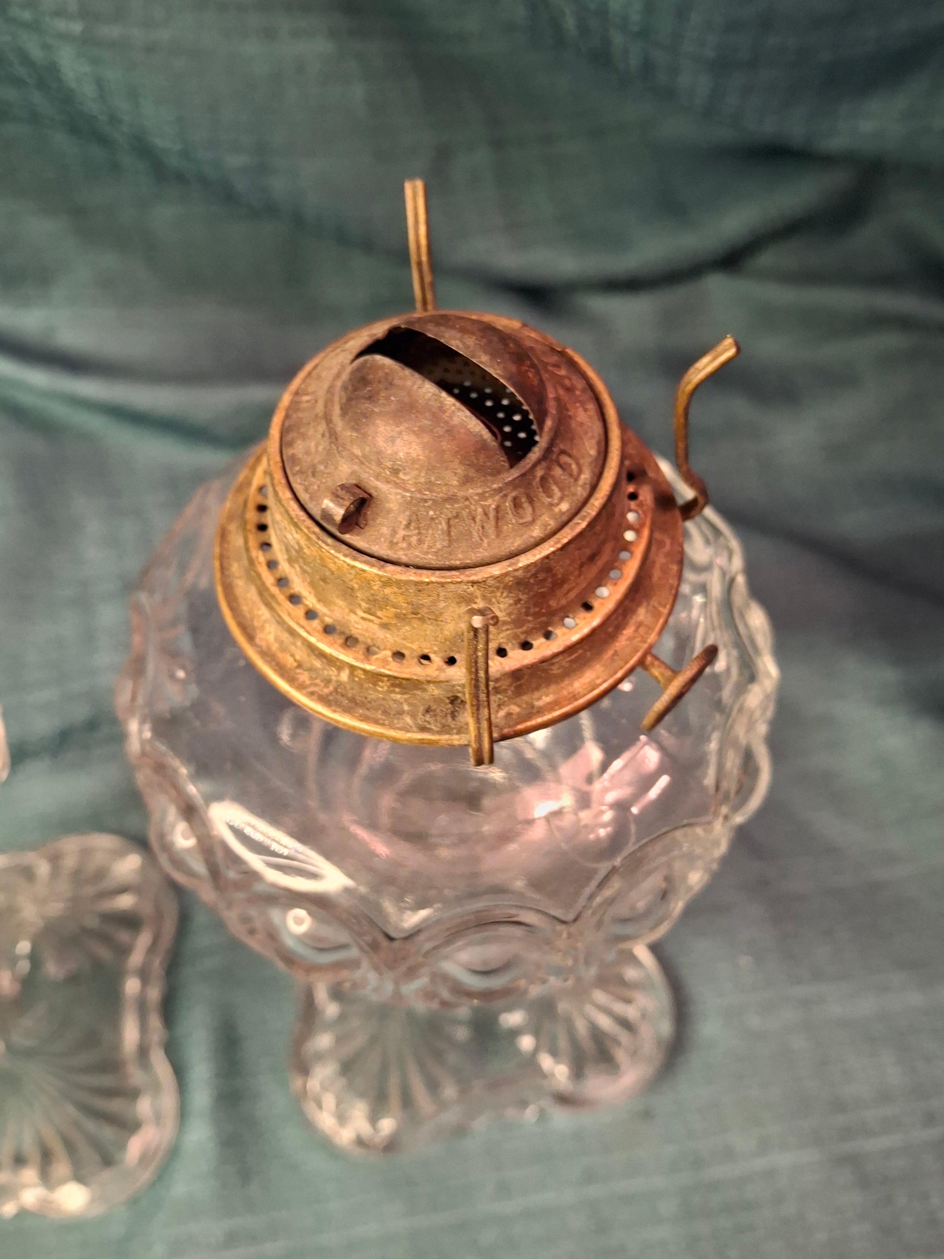 Antique Pair EAPG Bullseye and Fan Kerosene Oil Lamps Plume & Atwood E. Miller