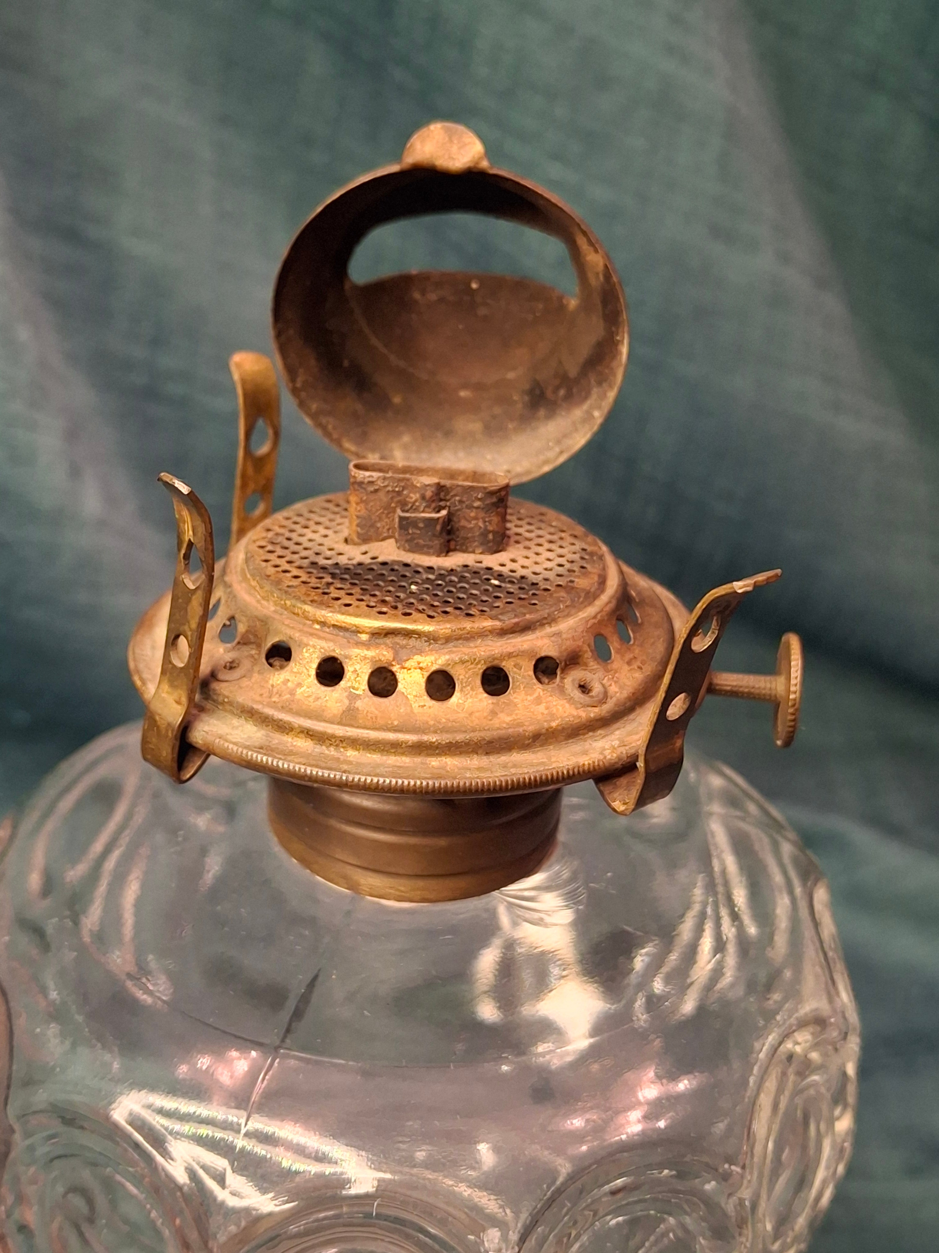 Antique Pair EAPG Bullseye and Fan Kerosene Oil Lamps Plume & Atwood E. Miller