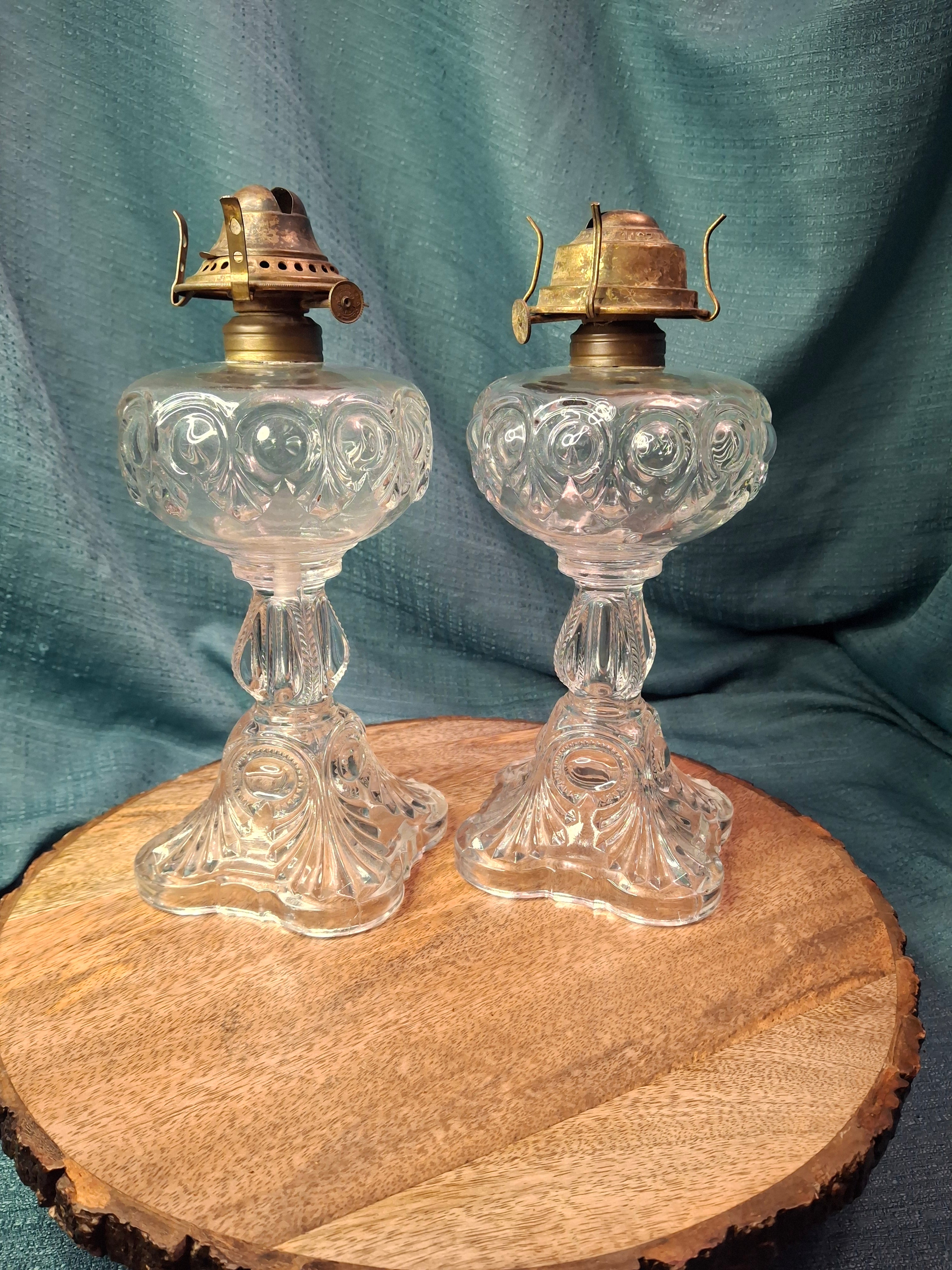 Antique Pair EAPG Bullseye and Fan Kerosene Oil Lamps Plume & Atwood E. Miller