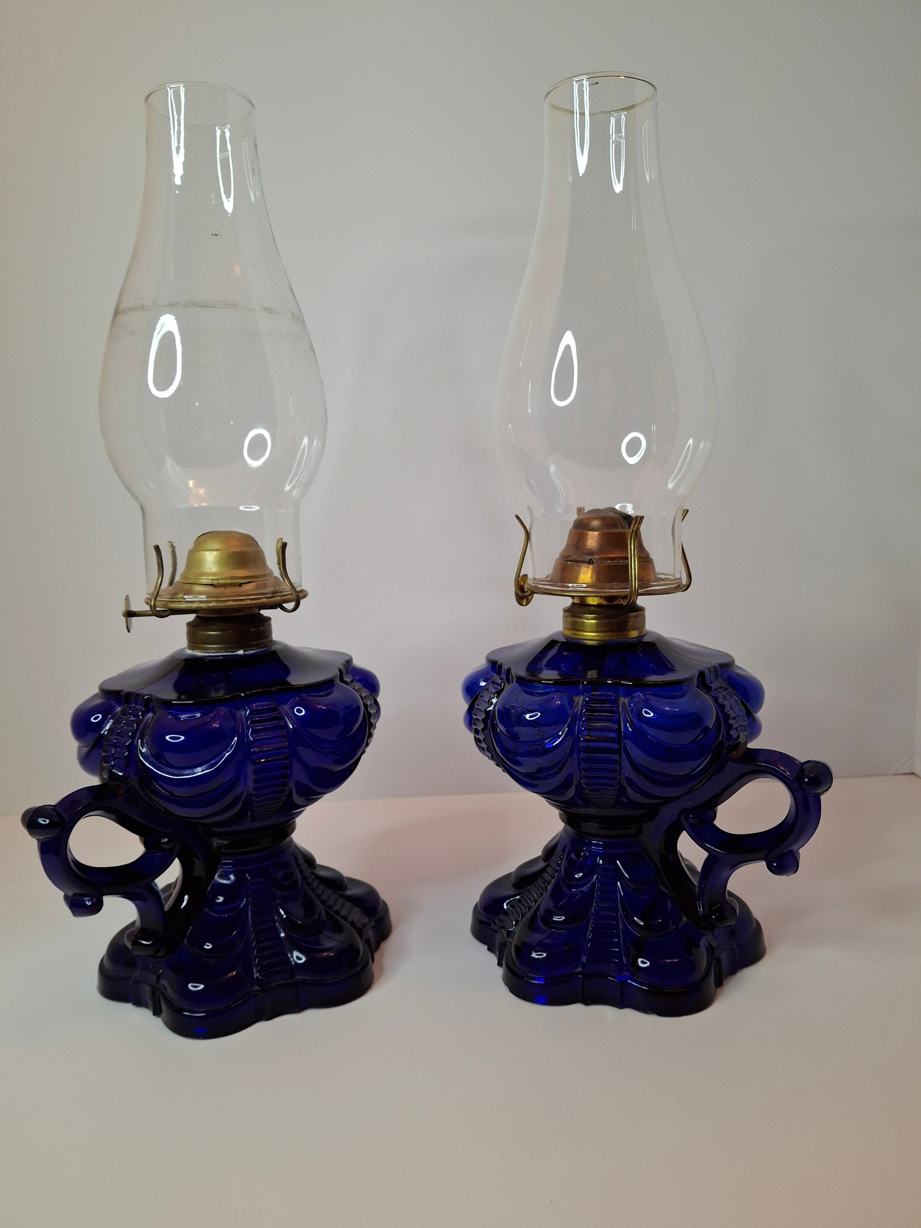 Matched Pair Antique Cobalt Blue Coolidge Drape Kerosene Lamps P&A Risdon EAPG