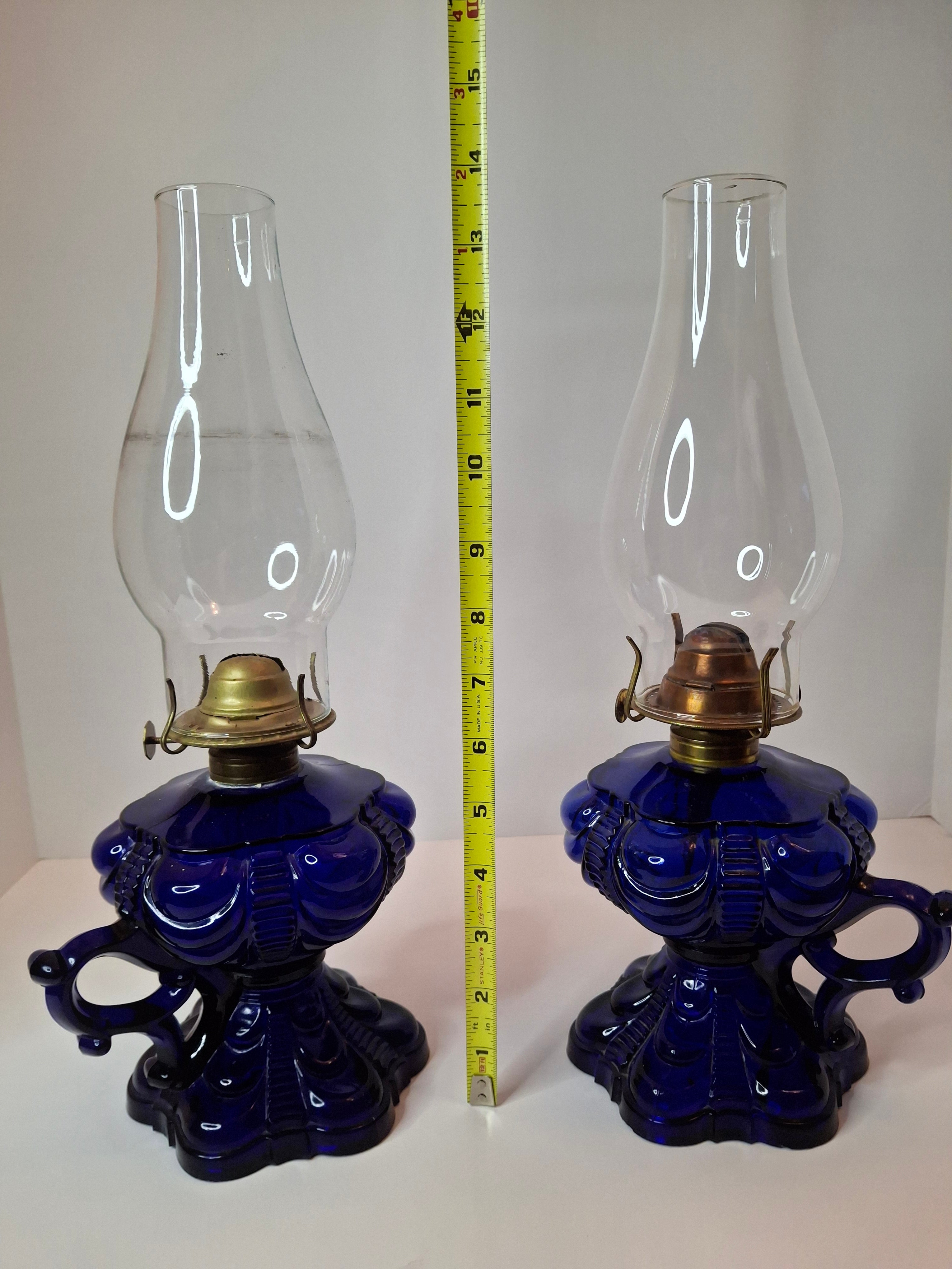 Matched Pair Antique Cobalt Blue Coolidge Drape Kerosene Lamps P&A Risdon EAPG