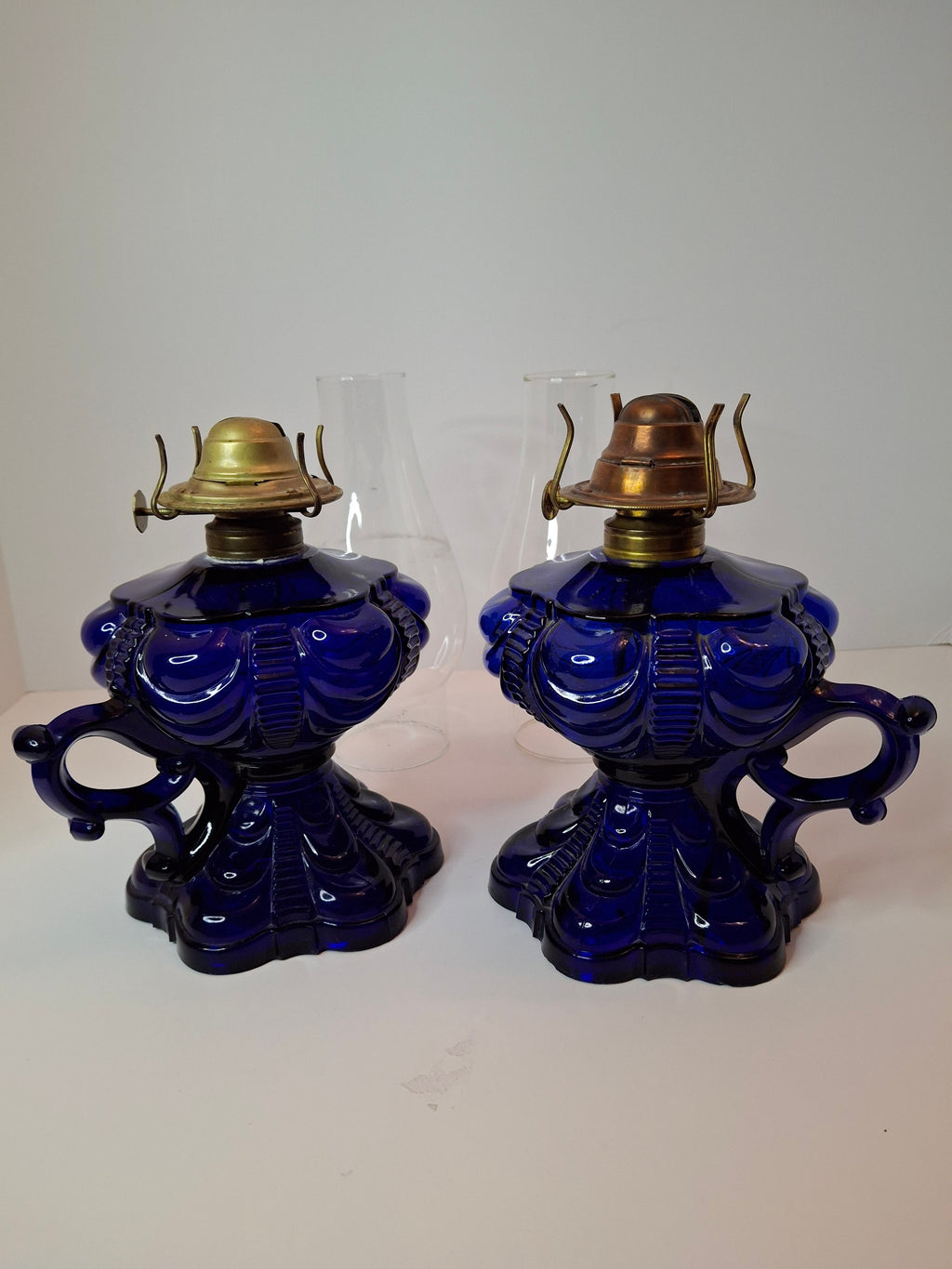 Matched Pair Antique Cobalt Blue Coolidge Drape Kerosene Lamps P&A Risdon EAPG