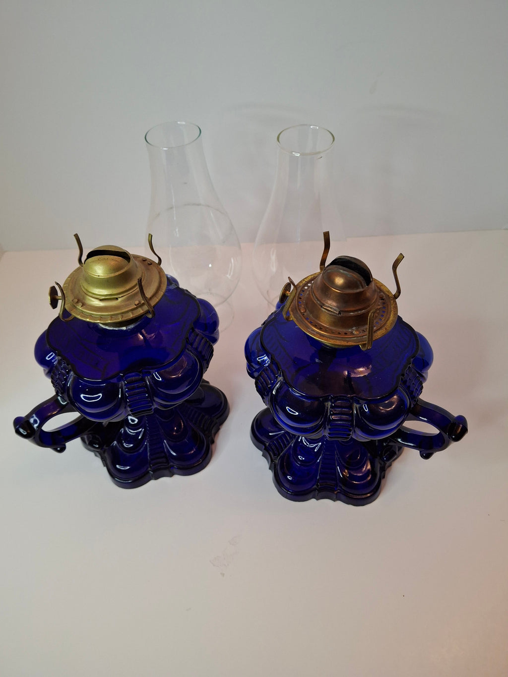 Matched Pair Antique Cobalt Blue Coolidge Drape Kerosene Lamps P&A Risdon EAPG