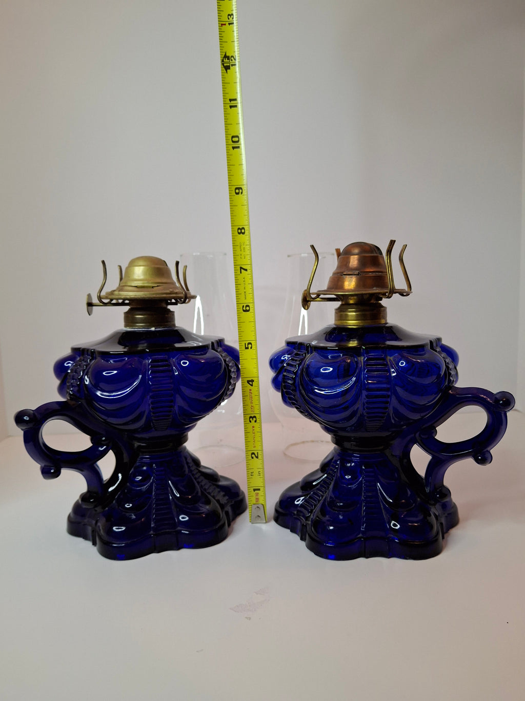 Matched Pair Antique Cobalt Blue Coolidge Drape Kerosene Lamps P&A Risdon EAPG