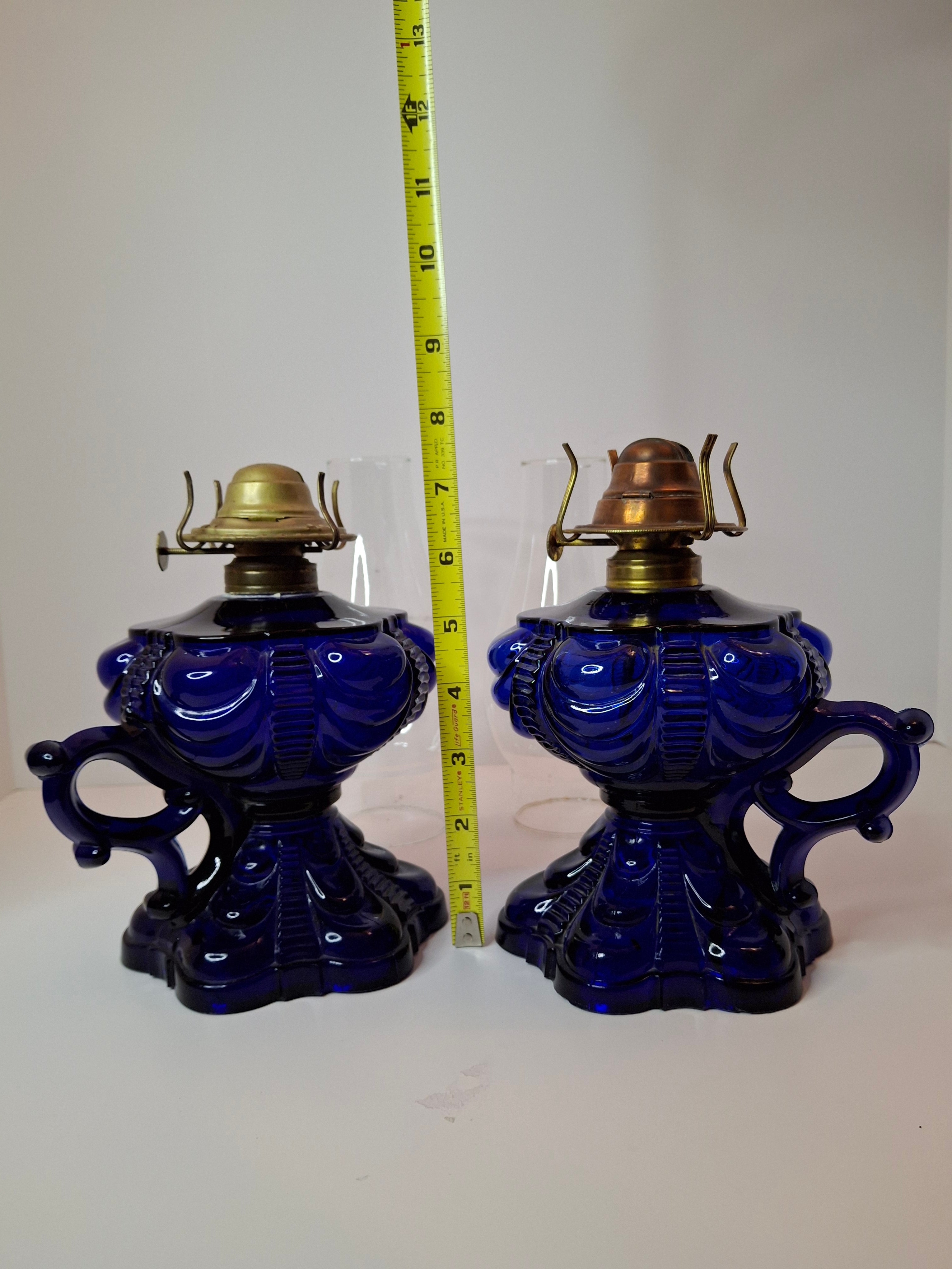 Matched Pair Antique Cobalt Blue Coolidge Drape Kerosene Lamps P&A Risdon EAPG