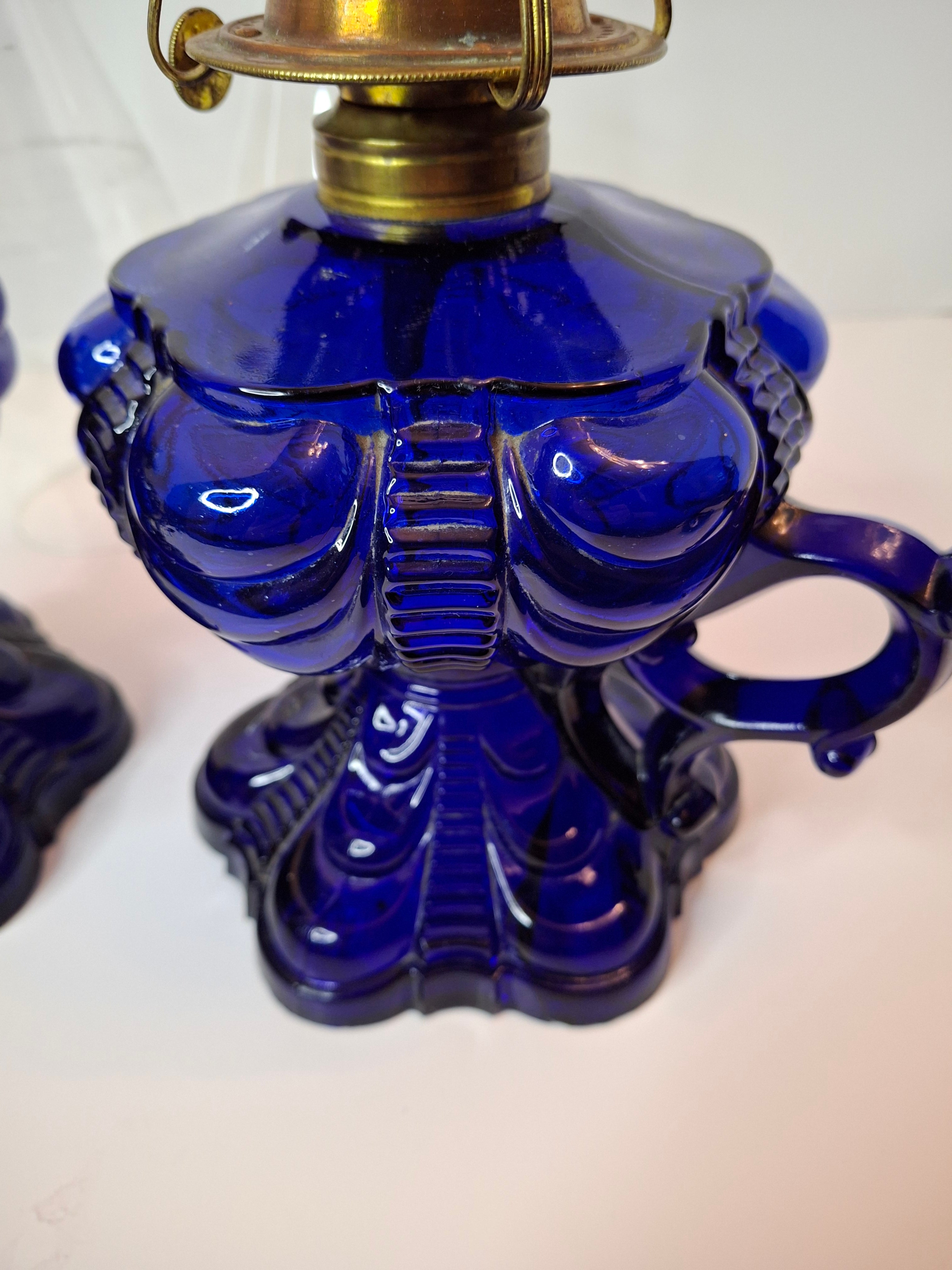 Matched Pair Antique Cobalt Blue Coolidge Drape Kerosene Lamps P&A Risdon EAPG