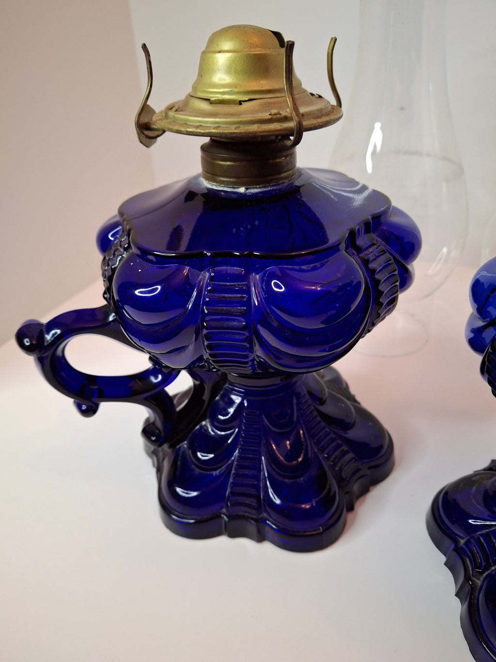 Matched Pair Antique Cobalt Blue Coolidge Drape Kerosene Lamps P&A Risdon EAPG