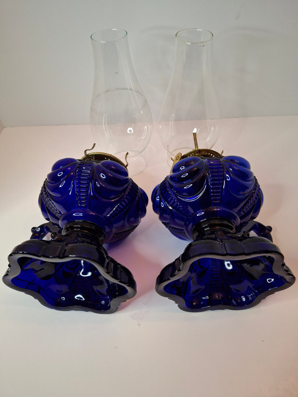 Matched Pair Antique Cobalt Blue Coolidge Drape Kerosene Lamps P&A Risdon EAPG