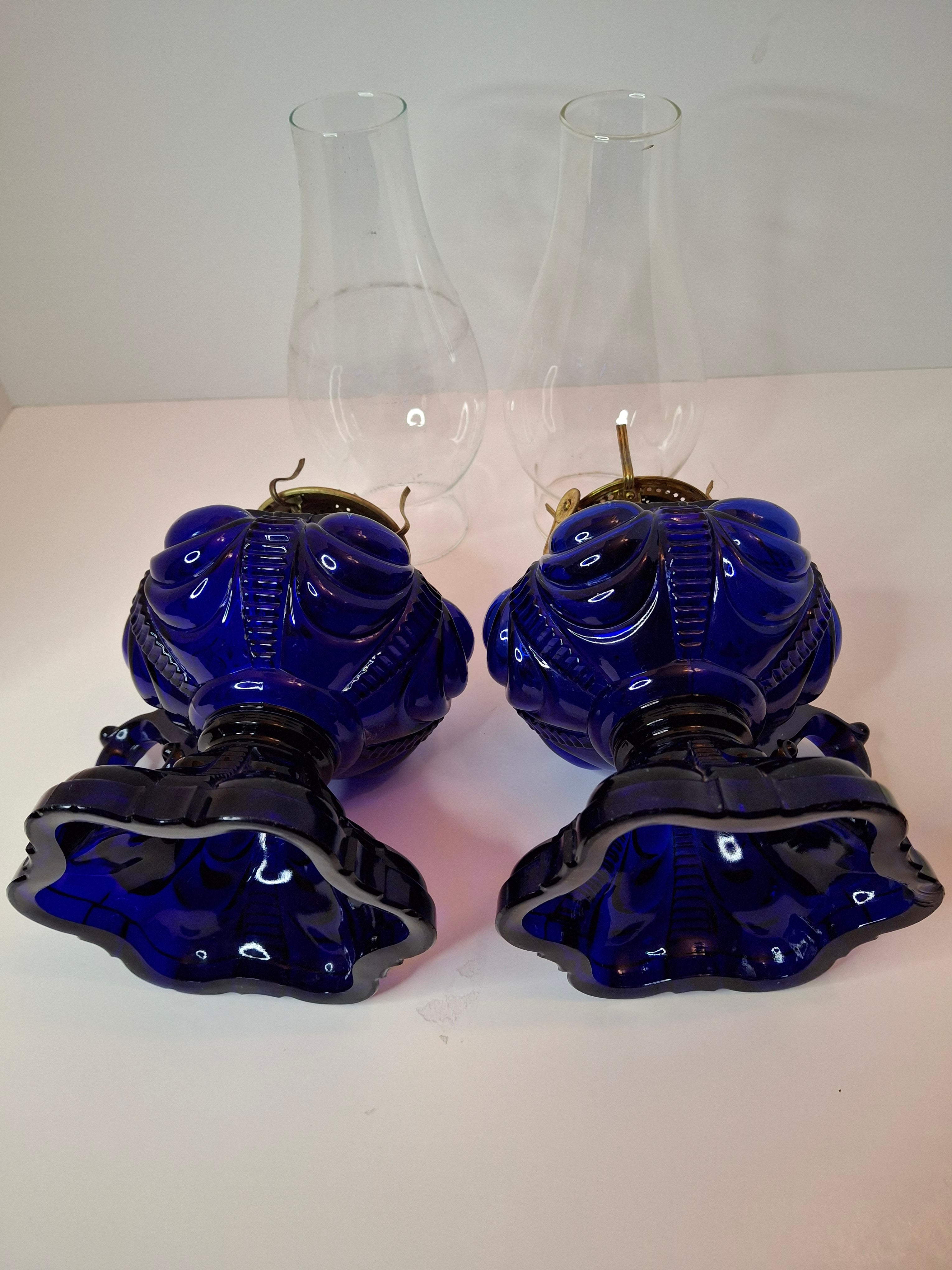 Matched Pair Antique Cobalt Blue Coolidge Drape Kerosene Lamps P&A Risdon EAPG